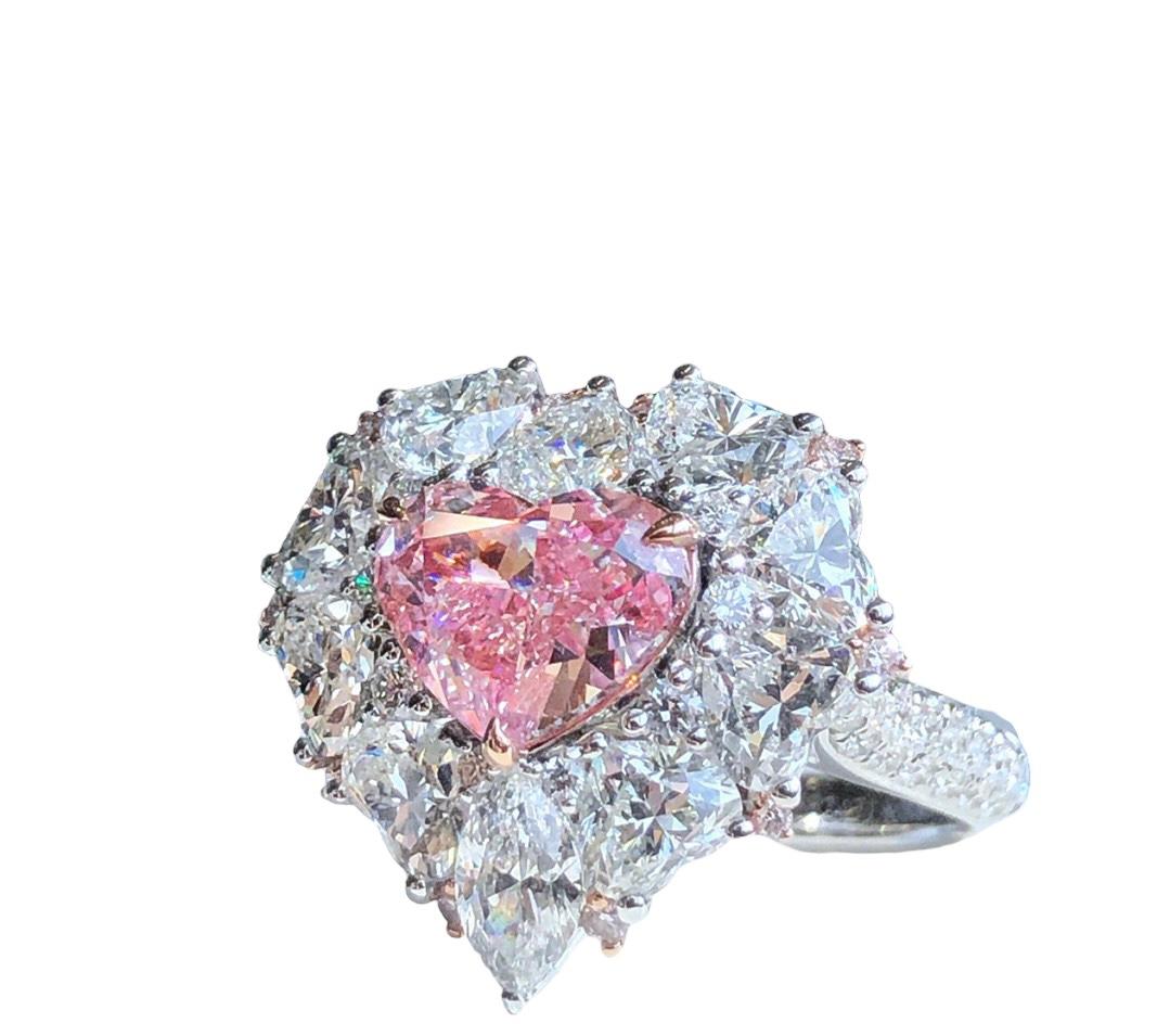 High Victorian GIA Certified 2.21 Carats Type IIa Faint Pink IF Heart Cut Diamond Ring  Pendant For Sale