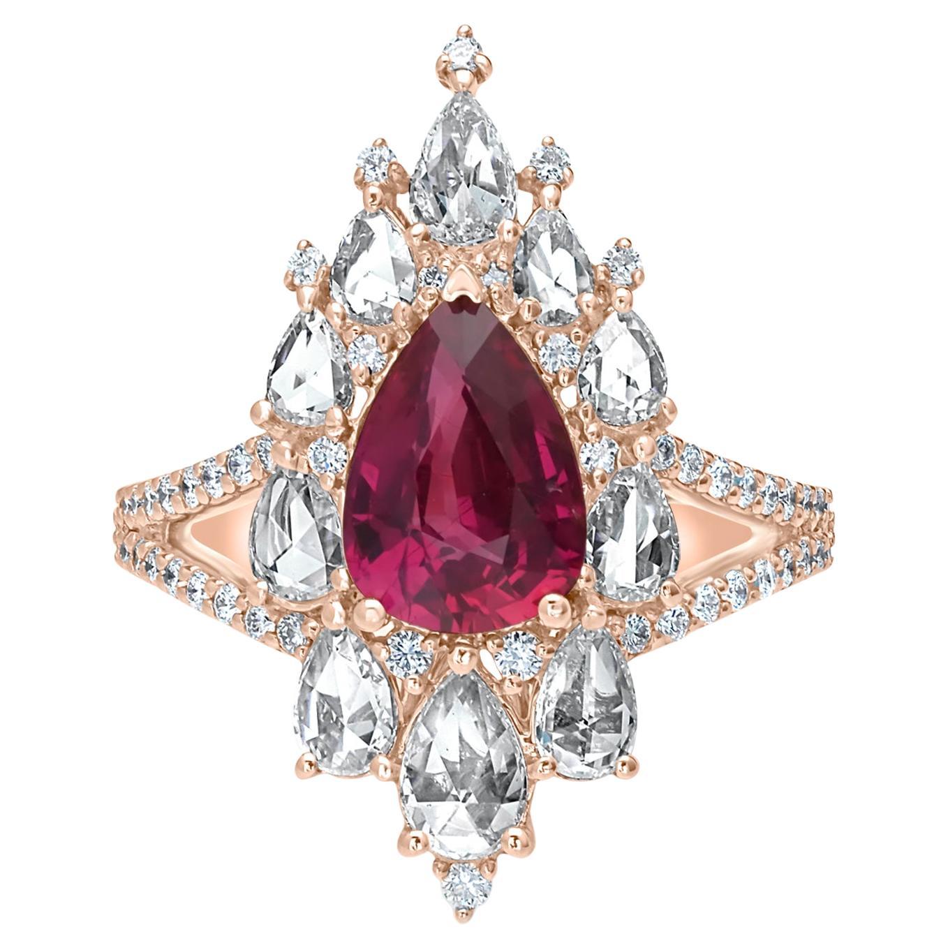 GIA Certified 2.21 Carat Winza Ruby and Pear Shape Rose Cut Diamond Ring For Sale