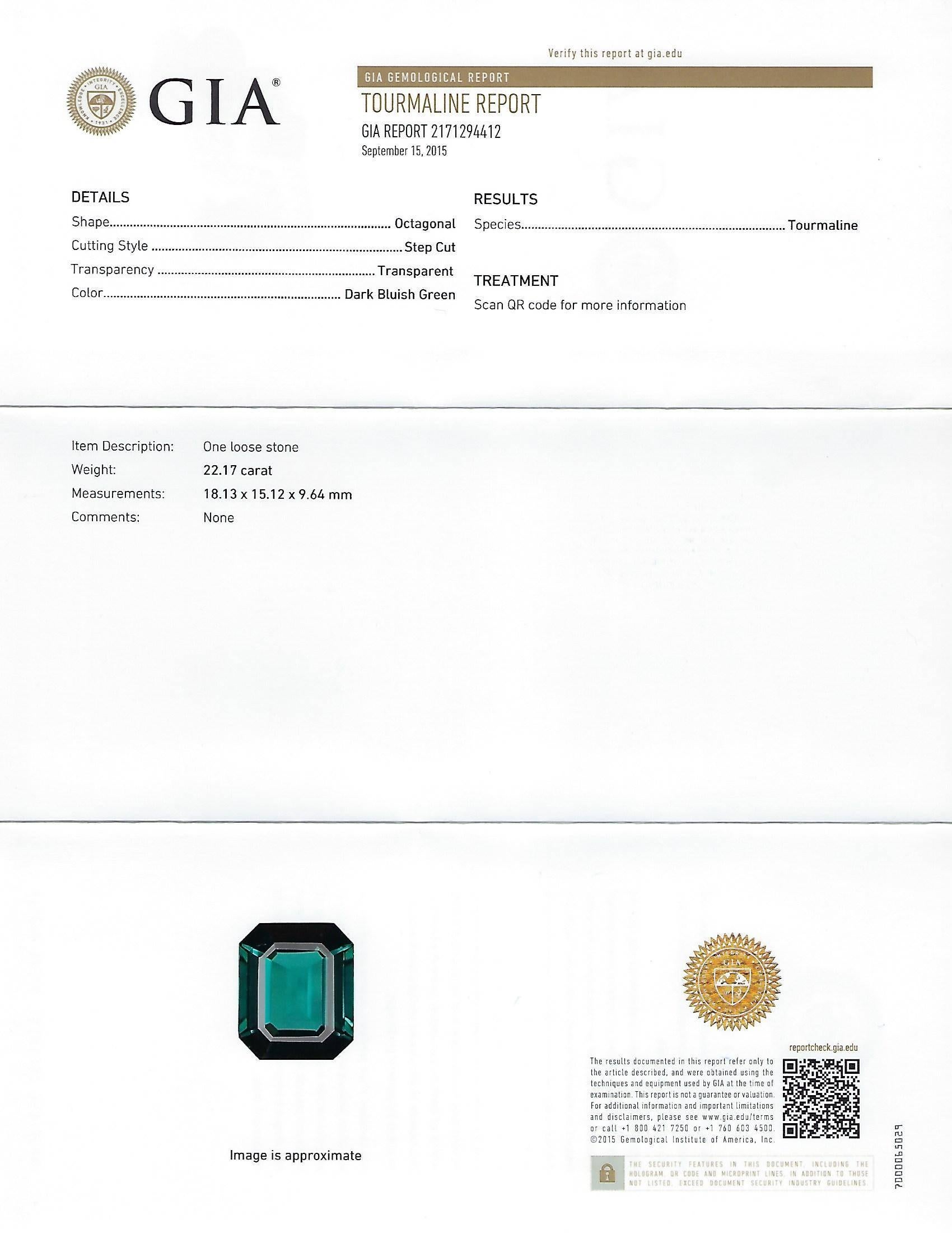 GIA Certified 22.17 Carat Dark Bluish Green Tourmaline and Diamond Gold Ring For Sale 3
