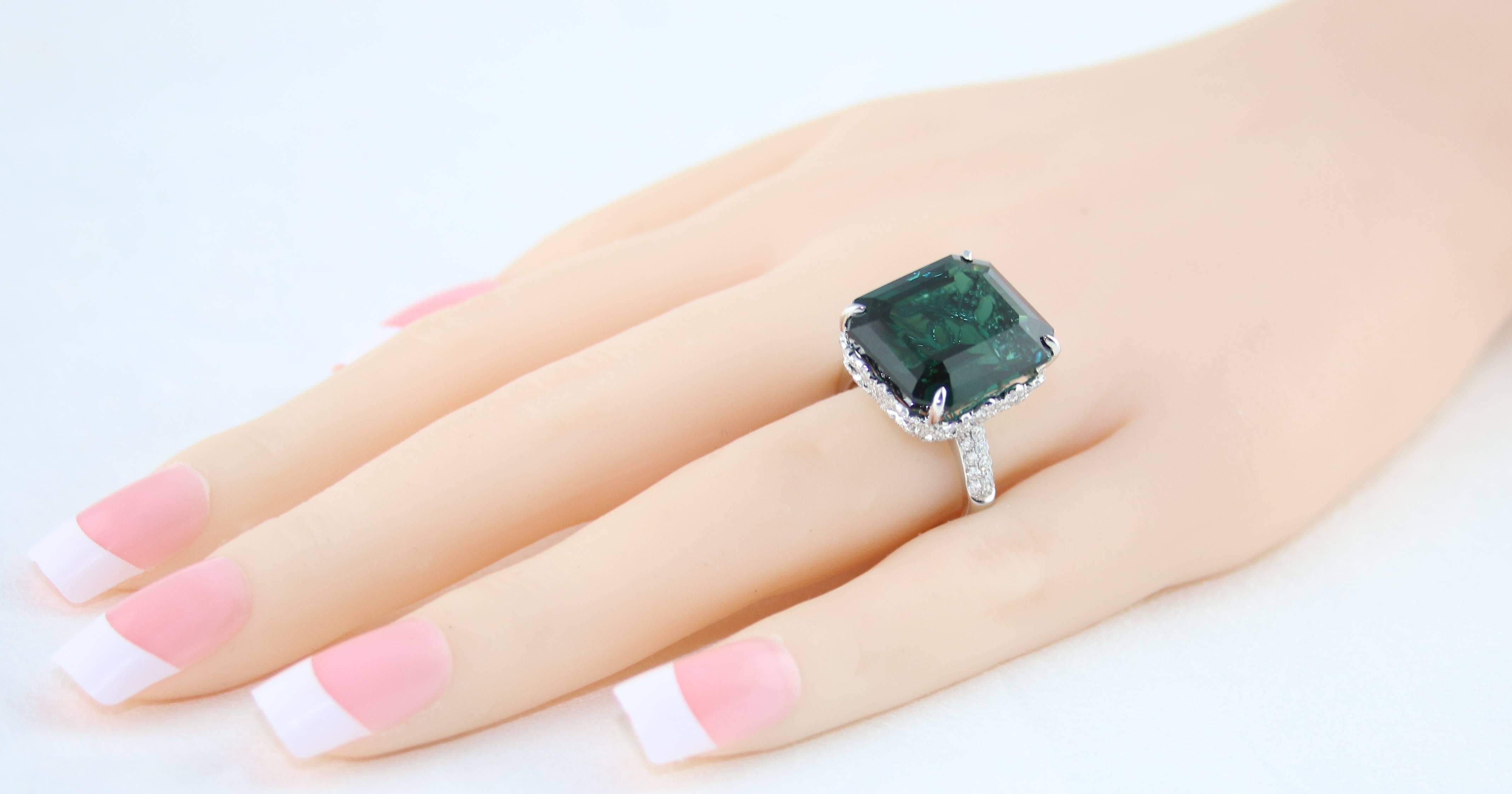 Contemporary GIA Certified 22.17 Carat Dark Bluish Green Tourmaline and Diamond Gold Ring For Sale