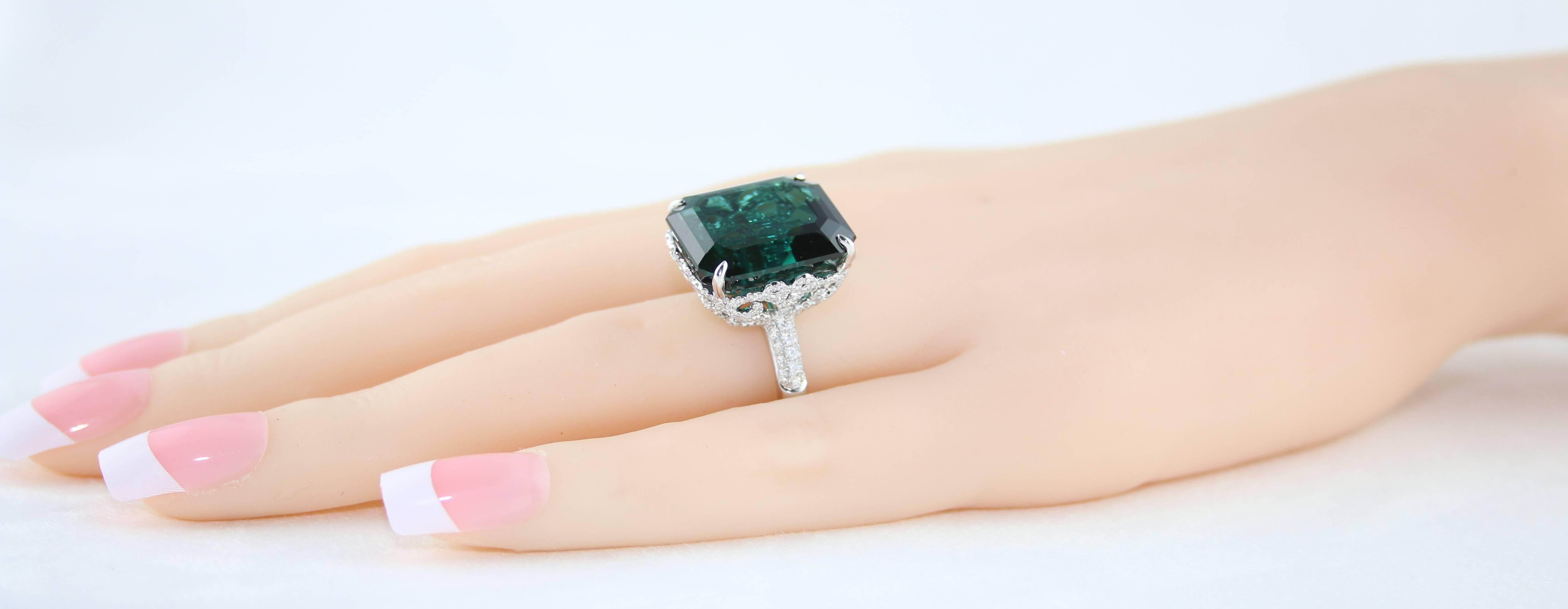 Emerald Cut GIA Certified 22.17 Carat Dark Bluish Green Tourmaline and Diamond Gold Ring For Sale