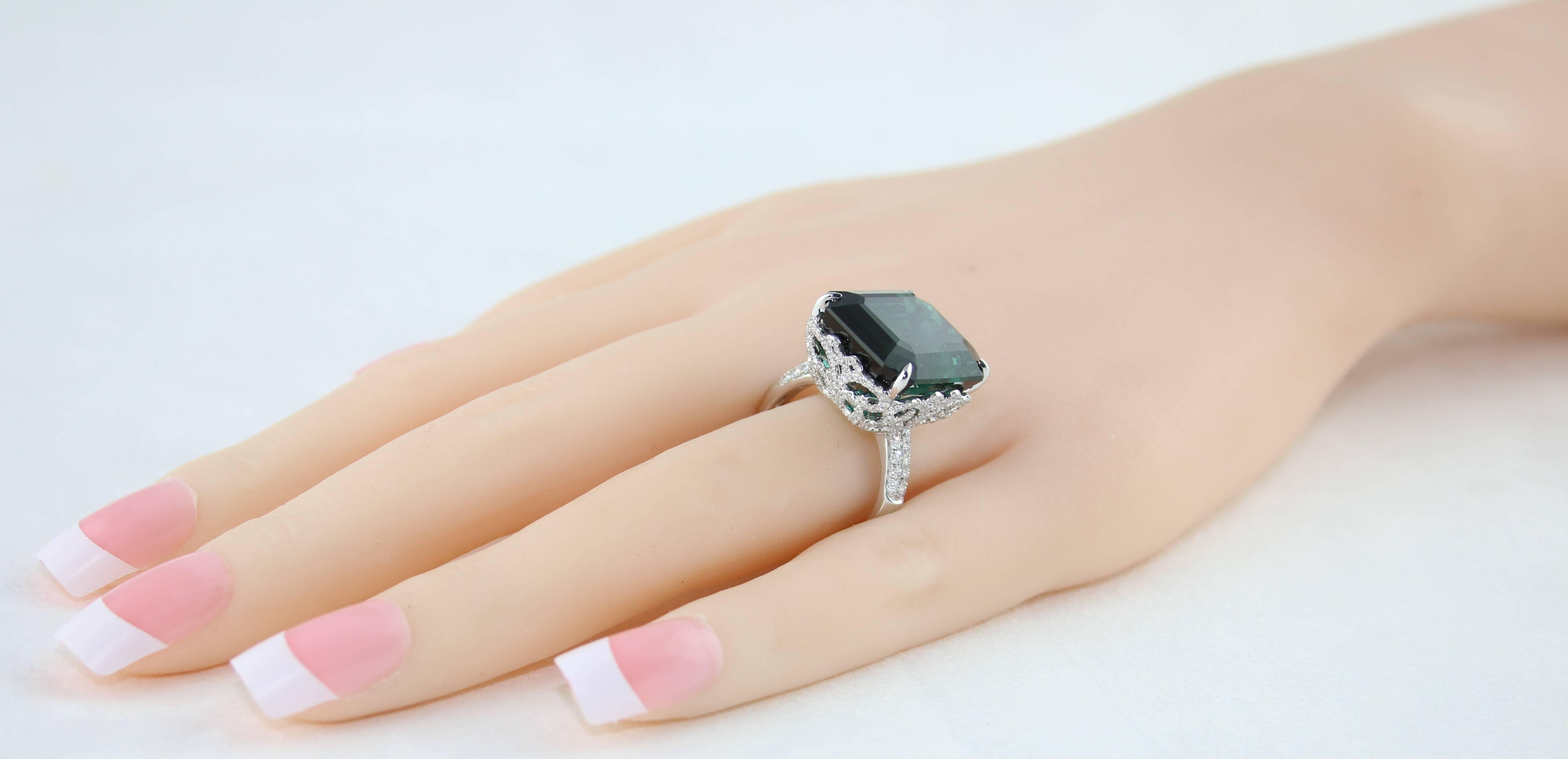GIA Certified 22.17 Carat Dark Bluish Green Tourmaline and Diamond Gold Ring In New Condition For Sale In New York, NY