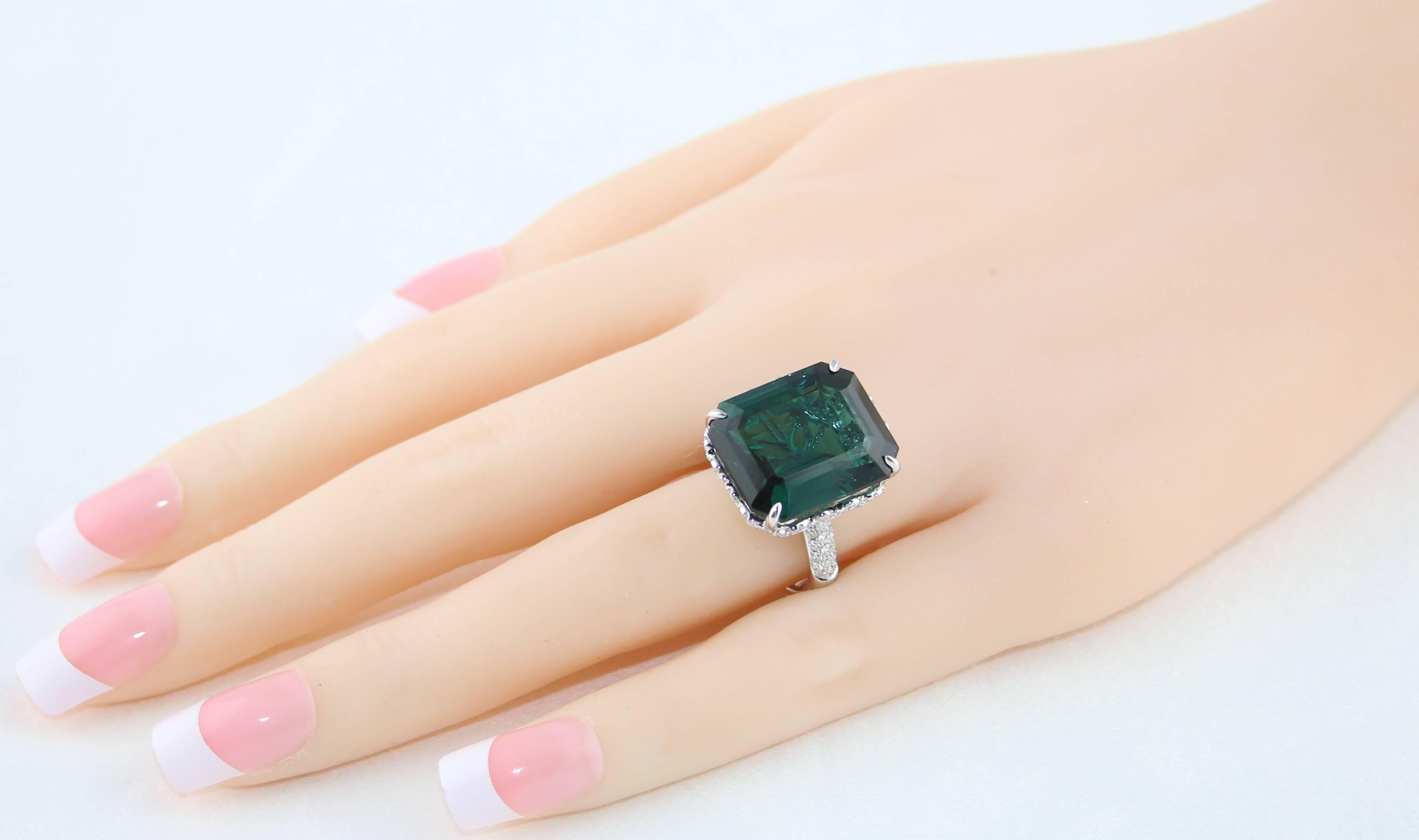 Women's GIA Certified 22.17 Carat Dark Bluish Green Tourmaline and Diamond Gold Ring For Sale