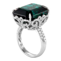 GIA Certified 22.17 Carat Dark Bluish Green Tourmaline and Diamond Gold Ring