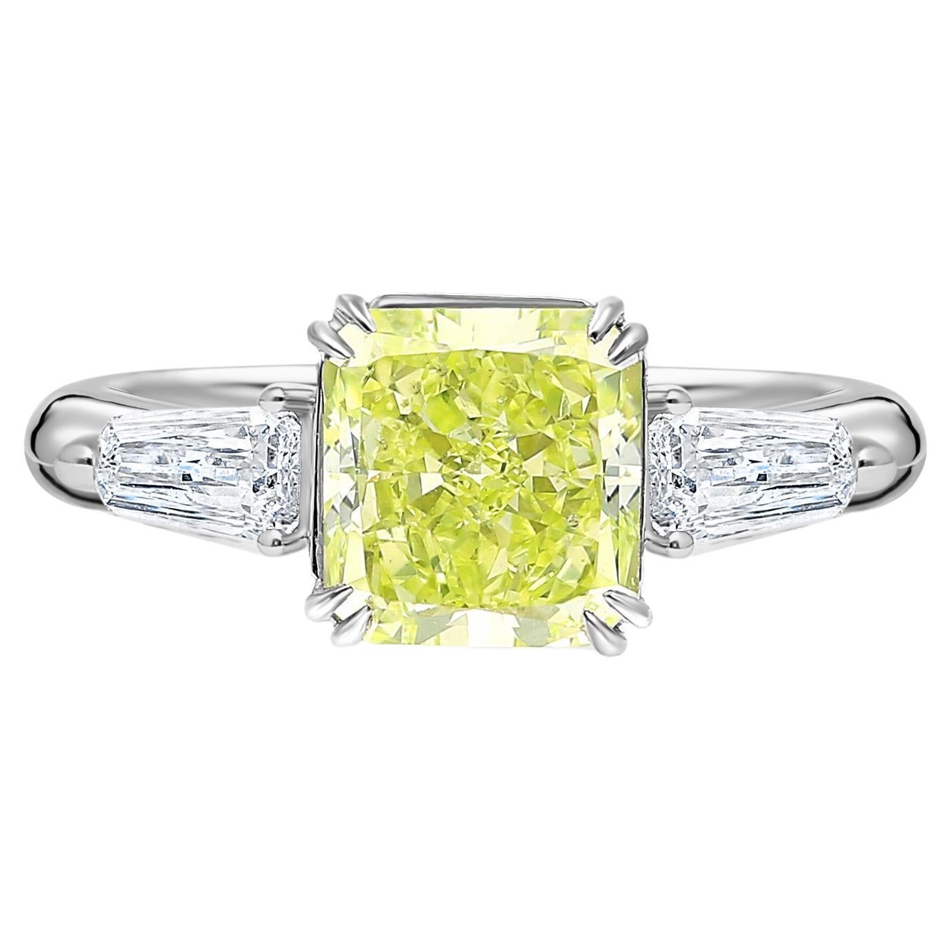 GIA Certified 2.22 Carat Fancy Yellow-Green Radiant Cut Diamond 3 Stone Ring For Sale