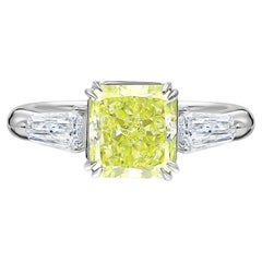 GIA Certified 2.22 Carat Fancy Yellow-Green Radiant Cut Diamond 3 Stone Ring
