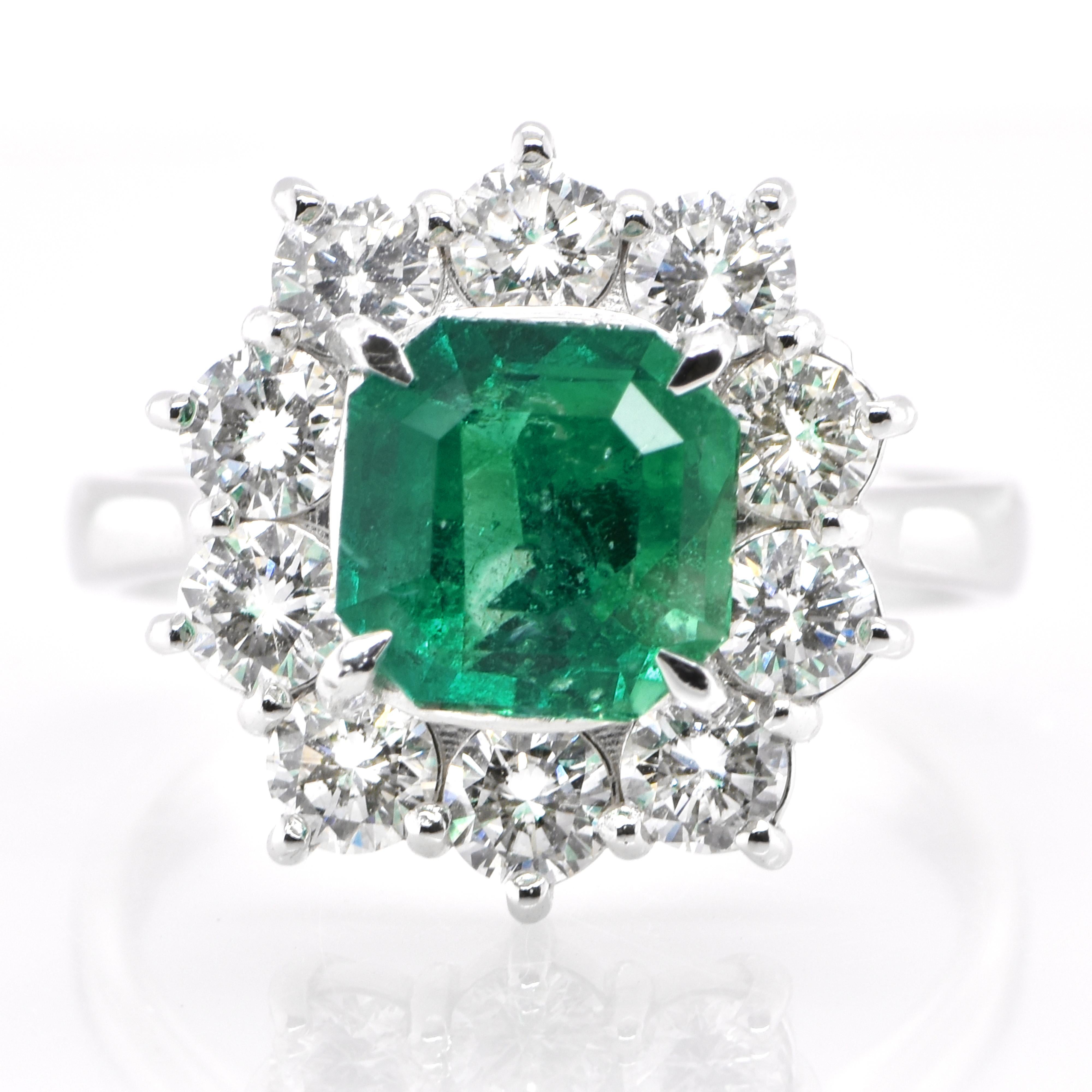 A stunning ring featuring a GIA Certified 2.22 Carat Natural Colombian Emerald and 1.32 Carats of Diamond Accents set in Platinum and 18 Karat Yellow Gold. People have admired emerald’s green for thousands of years. Emeralds have always been