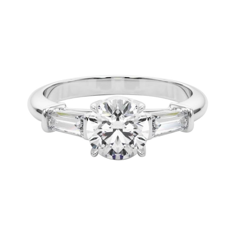 GIA Certified 2.22 Carat Round & Baguette Classic 3-Stone Diamond Ring