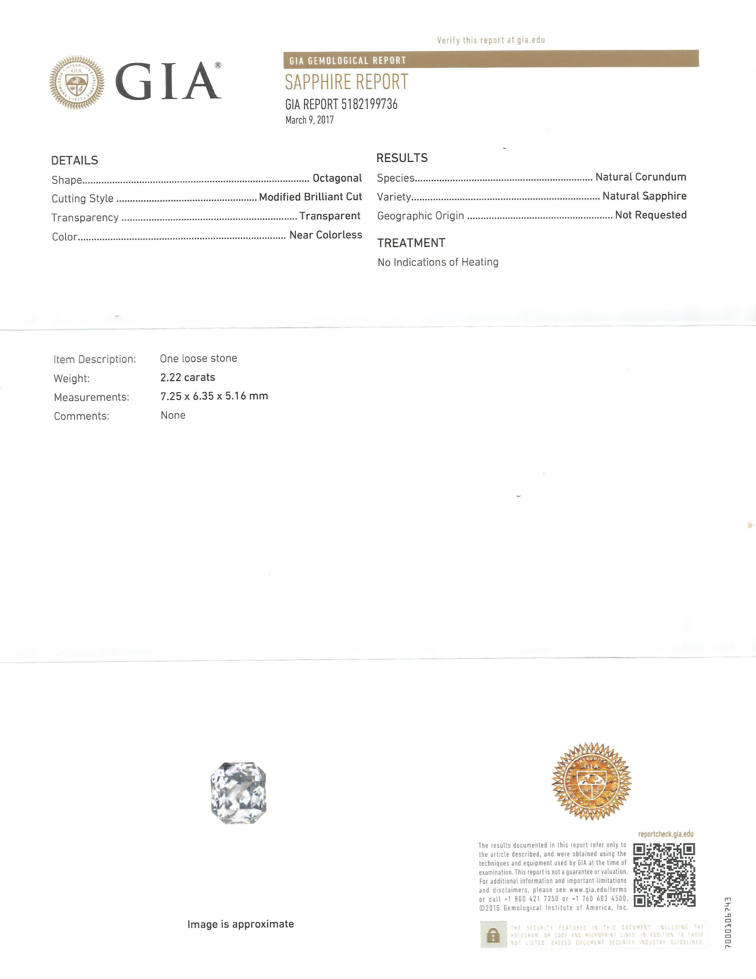 Verlobungsring mit GIA-zertifiziertem 2,22 Karat weißem Saphir und 3-Stein-Diamant Damen im Angebot