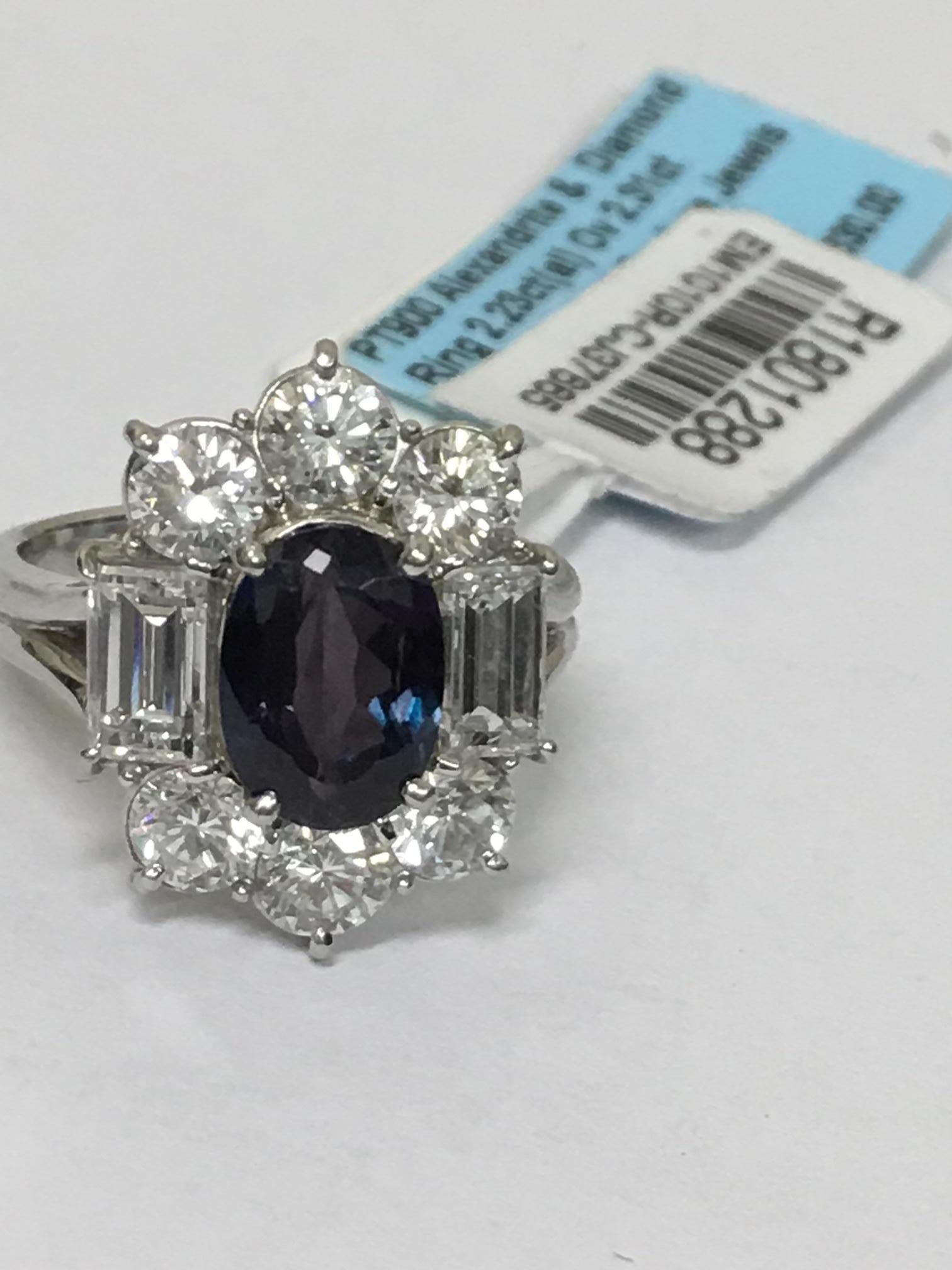 GIA Certified 2.23 Carat Alexandrite and 2.31 Carat color less diamonds set in Platinum .The ring it self is GIA Certified.
One of a kind very good color change Alexandrite.
Size of the ring is 6 but can be resized.

