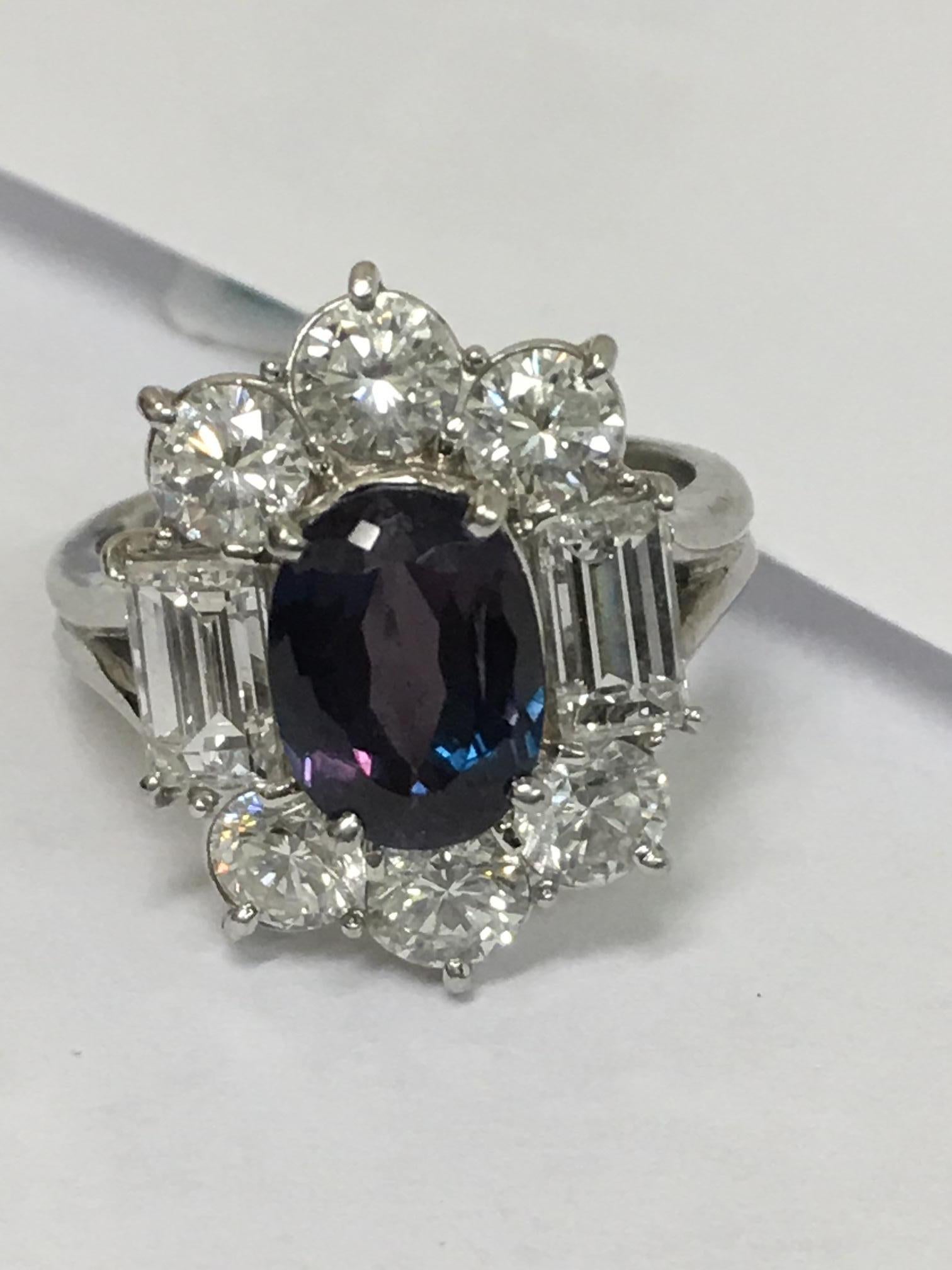 Contemporary GIA Certified 2.23 Carat Alexandrite and Diamond Ring Set in Platinum