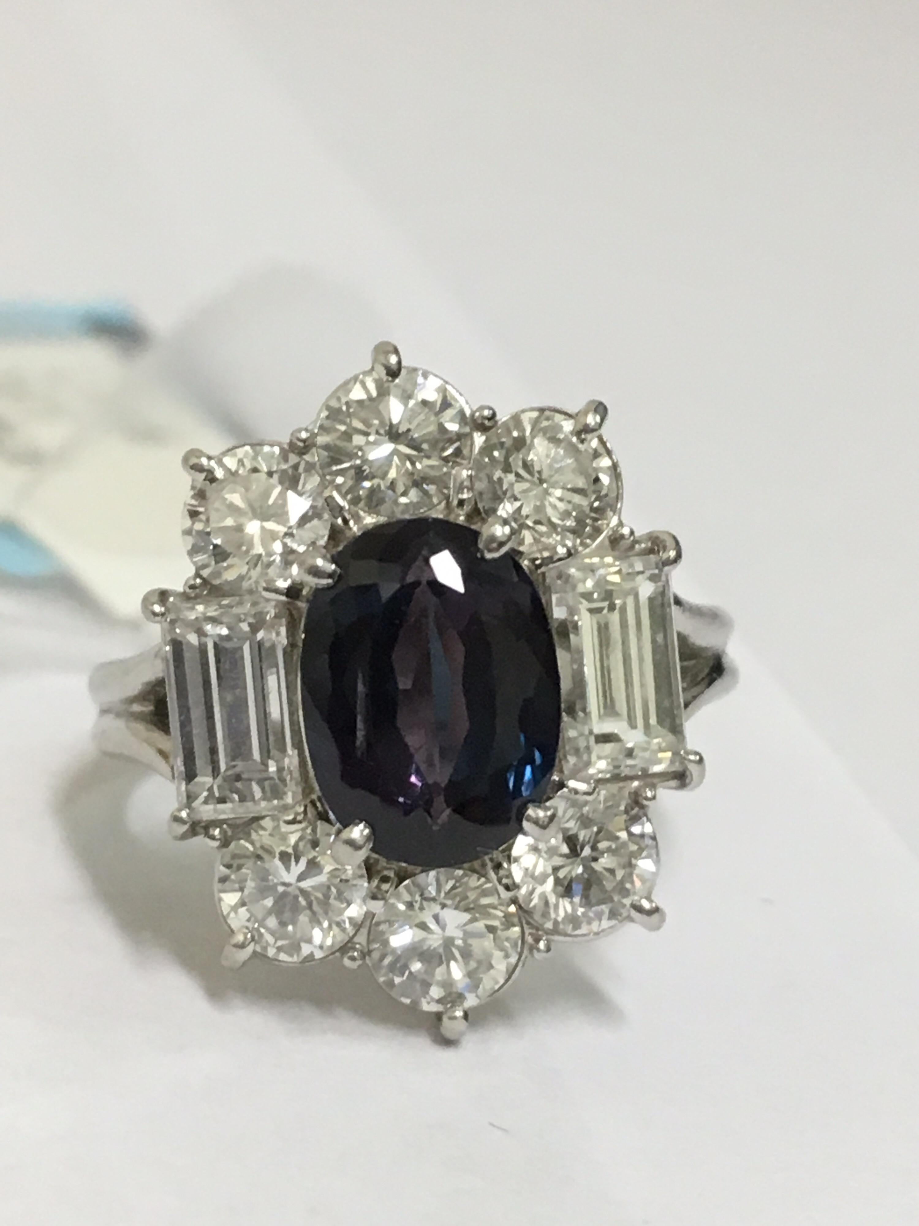 GIA Certified 2.23 Carat Alexandrite and Diamond Ring Set in Platinum In New Condition In Trumbull, CT