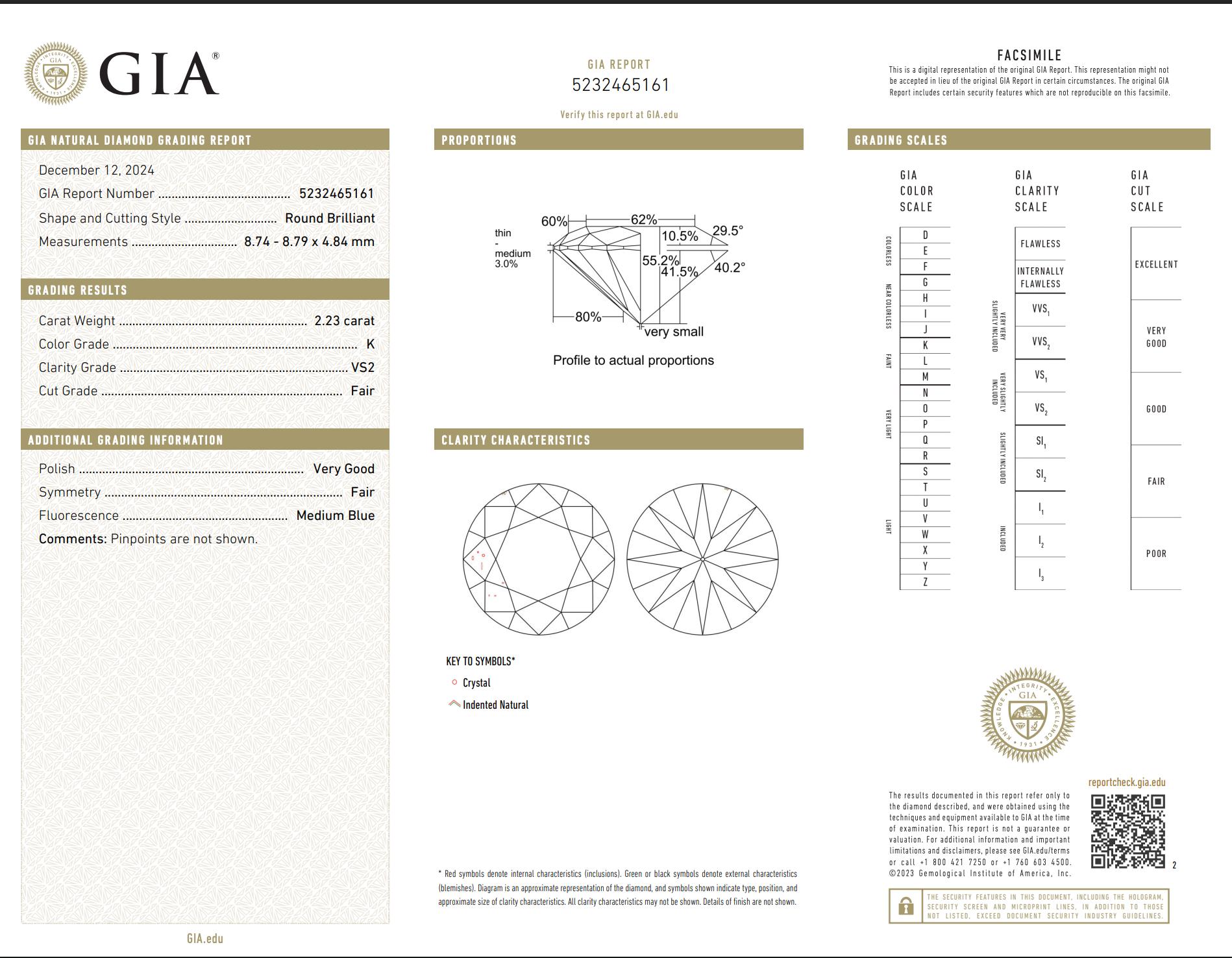 De las mujeres Anillo de compromiso de diamantes naturales redondos de mediados de siglo, K VS2, certificados por GIA de 2,23 quilates en venta