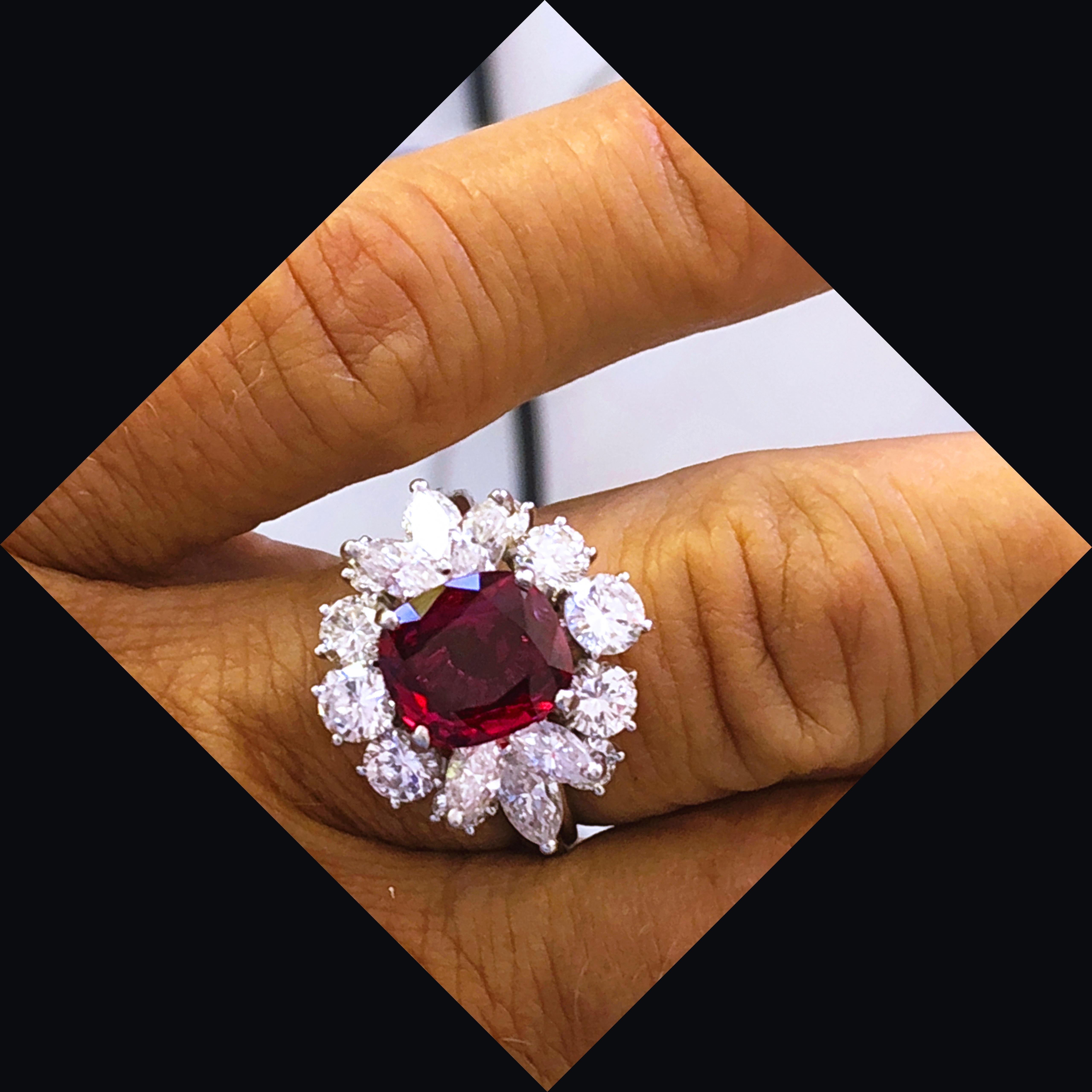 Berca GIA Certified 2.23Kt No Heat Cushion Cut Siam Red Ruby 1960 Ballerina Ring For Sale 5