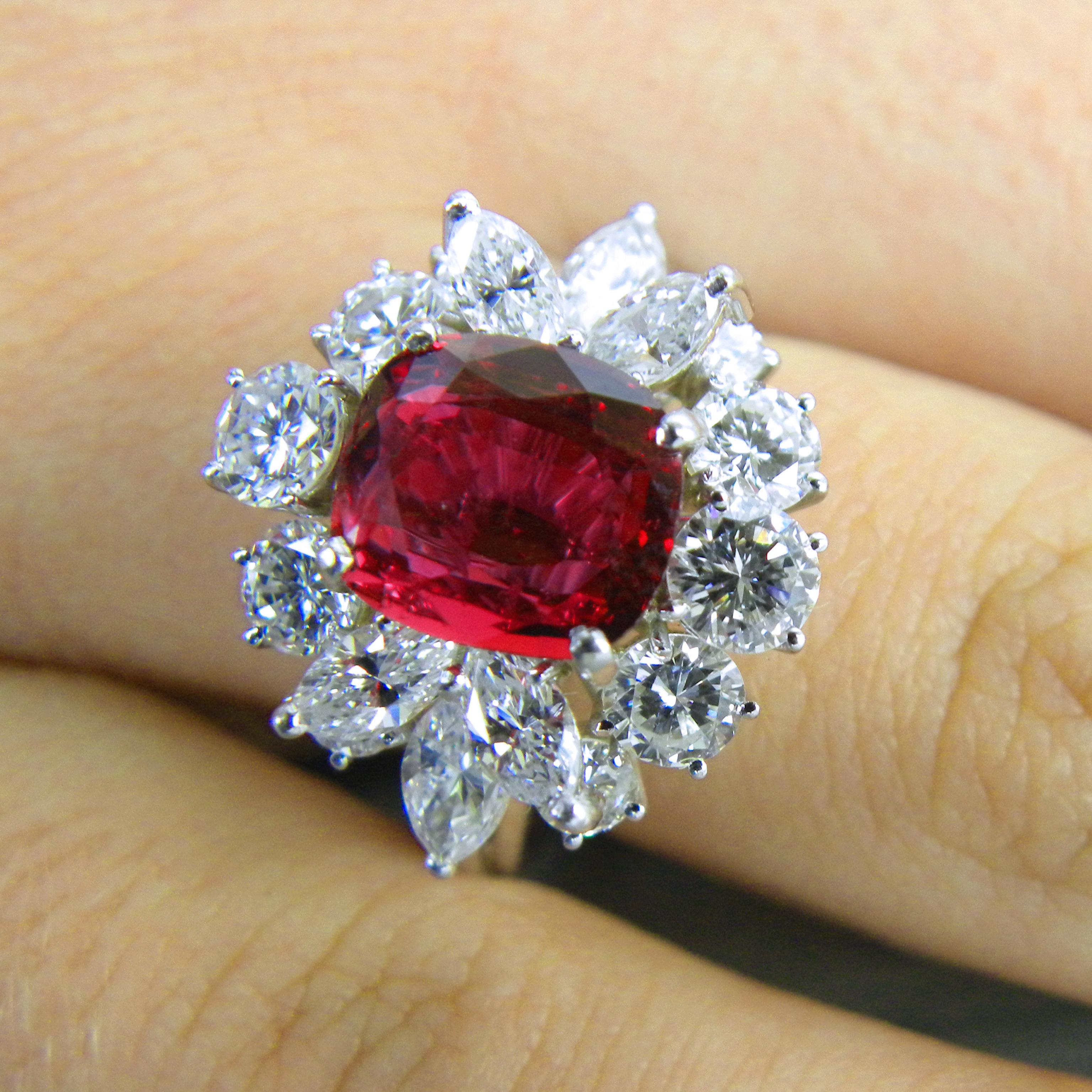 Berca GIA Certified 2.23Kt No Heat Cushion Cut Siam Red Ruby 1960 Ballerina Ring For Sale 6