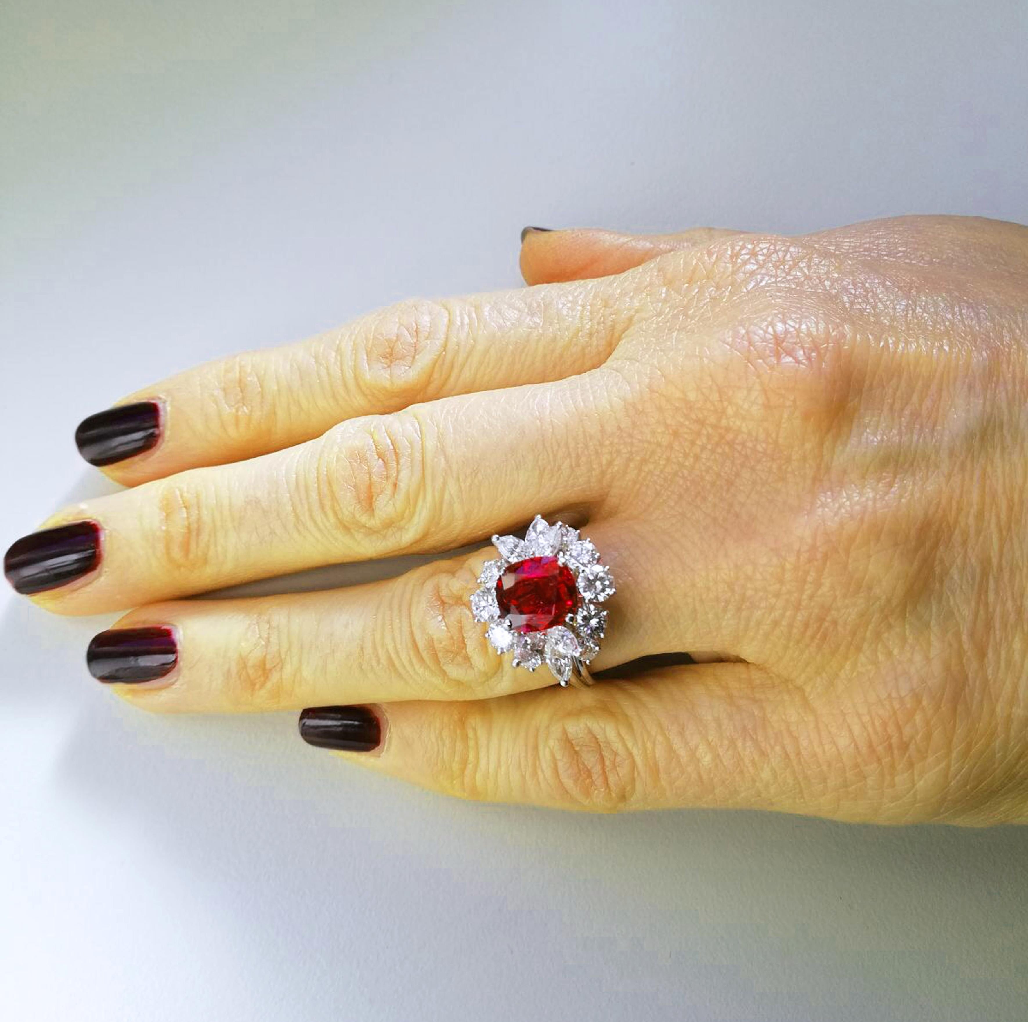 Modern GIA Certified 2.23 Carat No Heat Cushion Cut Siam Red Ruby 1960s Ballerina Ring