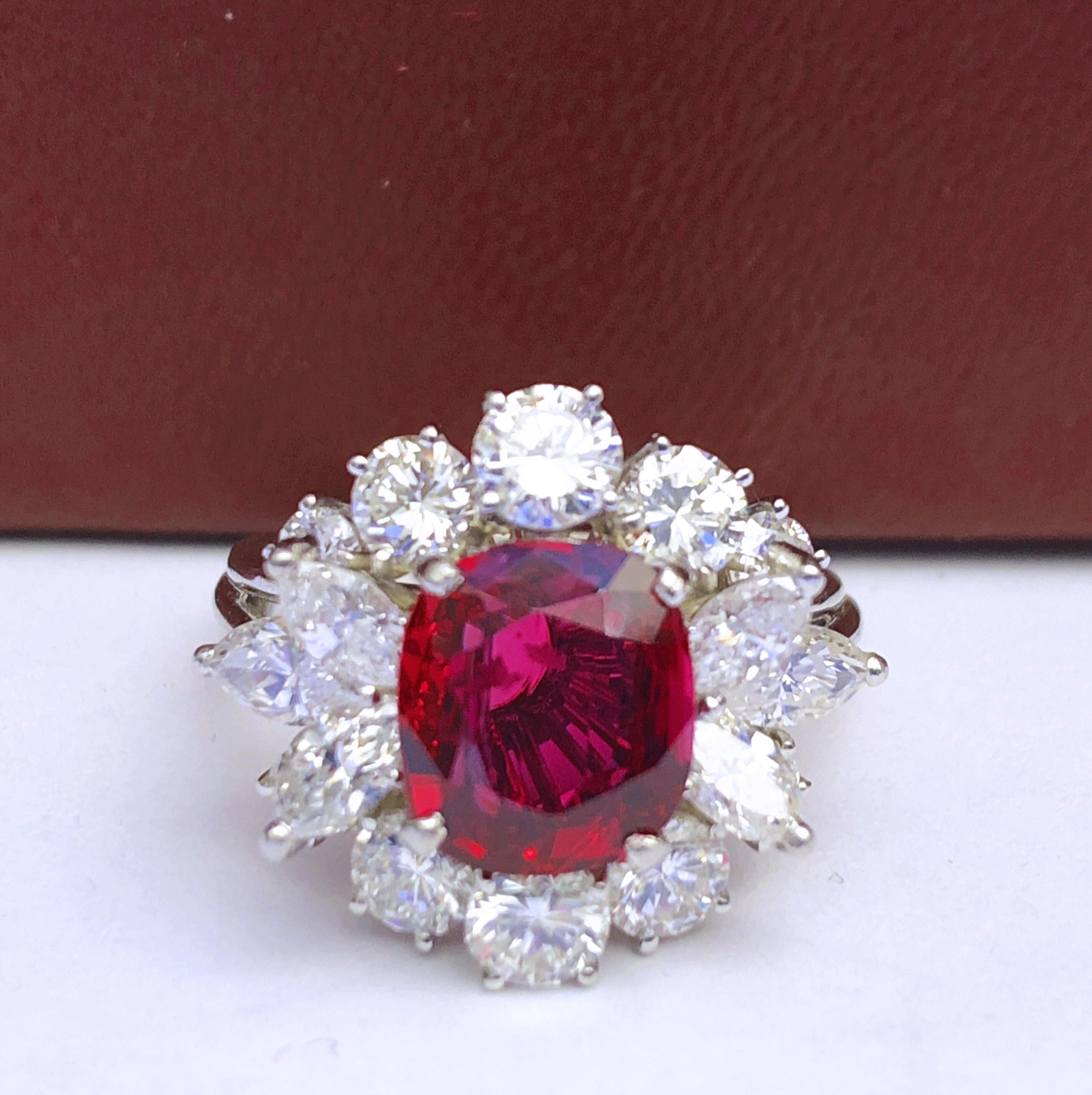 GIA Certified 2.23 Carat No Heat Cushion Cut Siam Red Ruby 1960s Ballerina Ring In New Condition In Valenza, IT