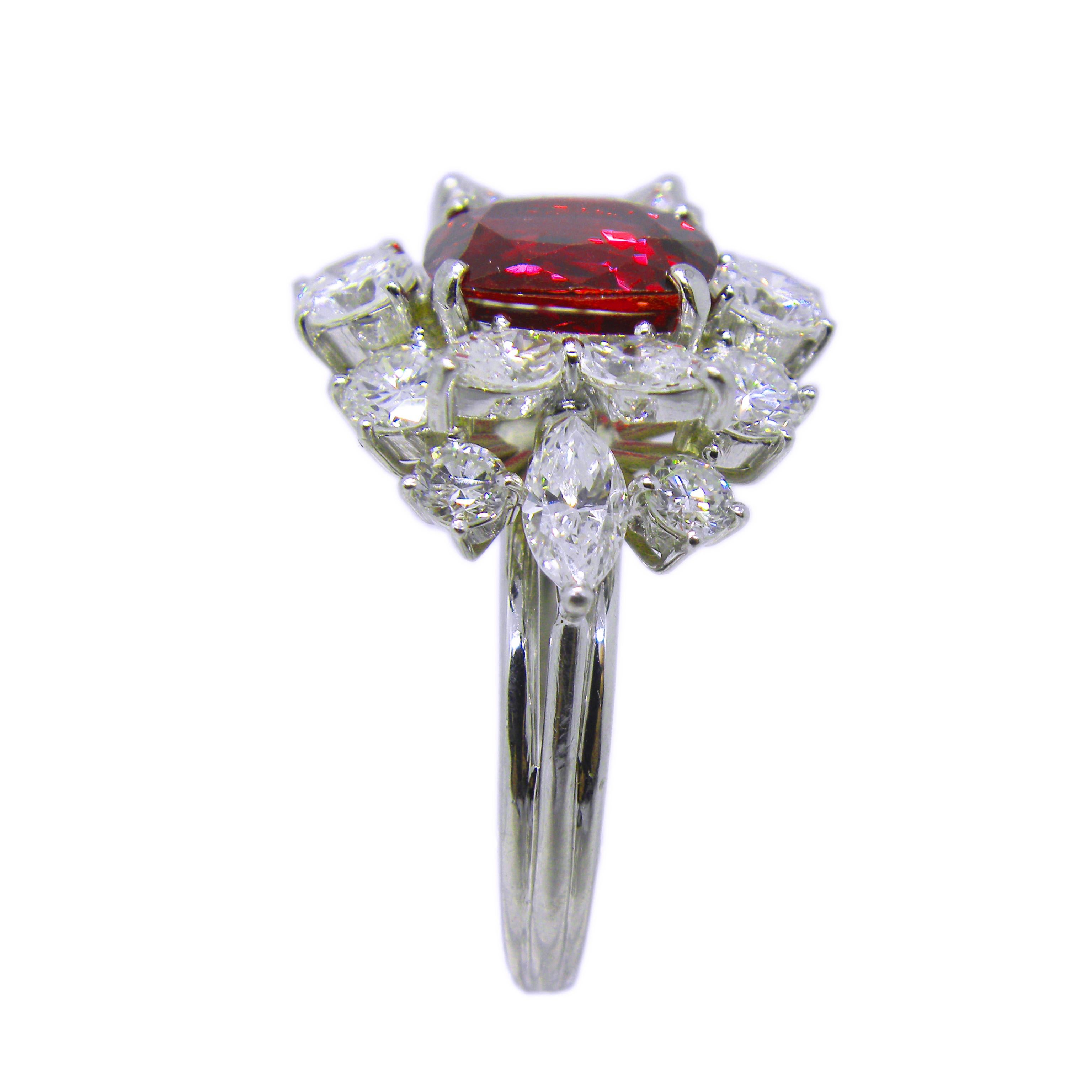 Women's GIA Certified 2.23 Carat No Heat Cushion Cut Siam Red Ruby 1960s Ballerina Ring