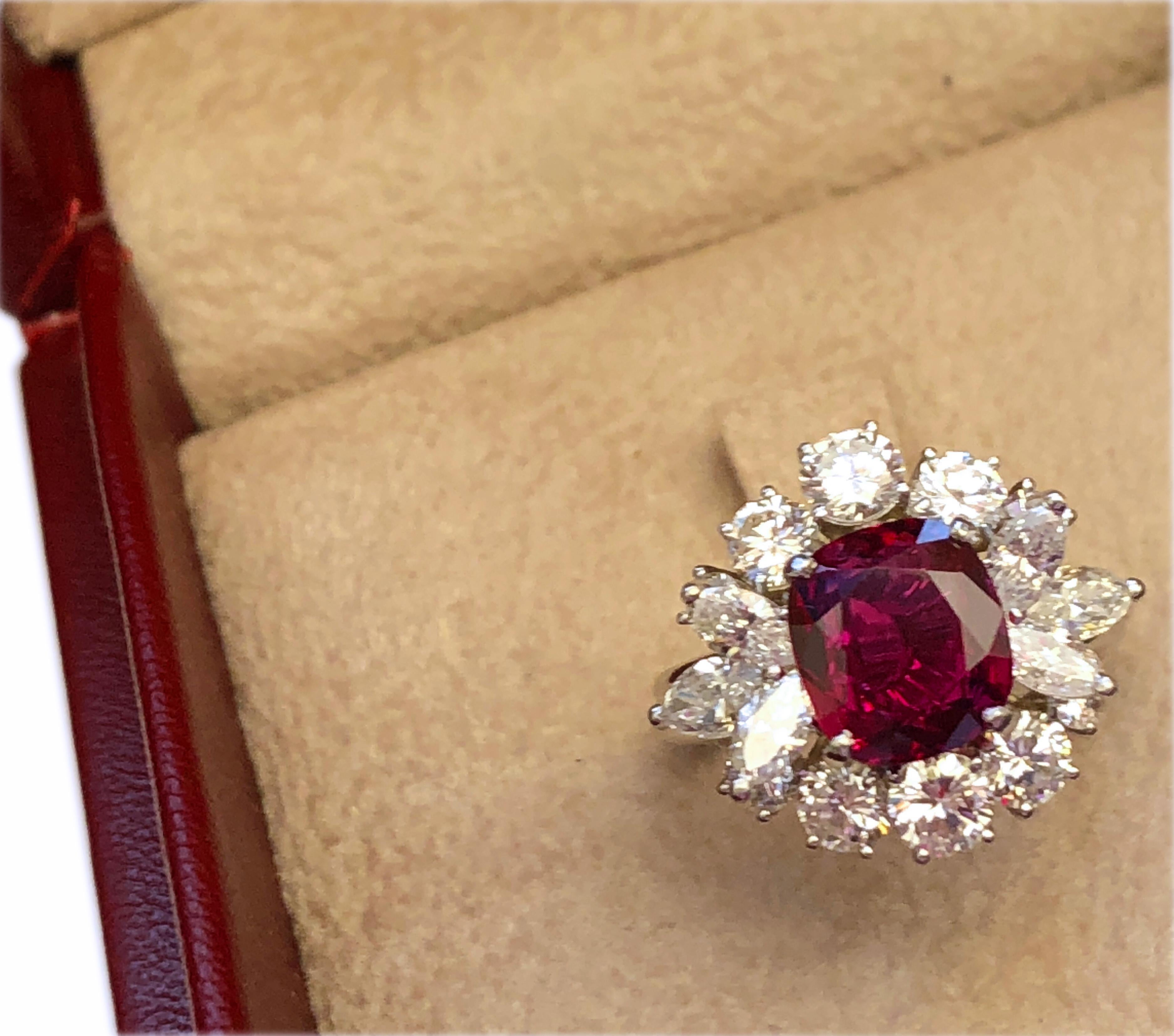 Berca GIA Certified 2.23Kt No Heat Cushion Cut Siam Red Ruby 1960 Ballerina Ring For Sale 1