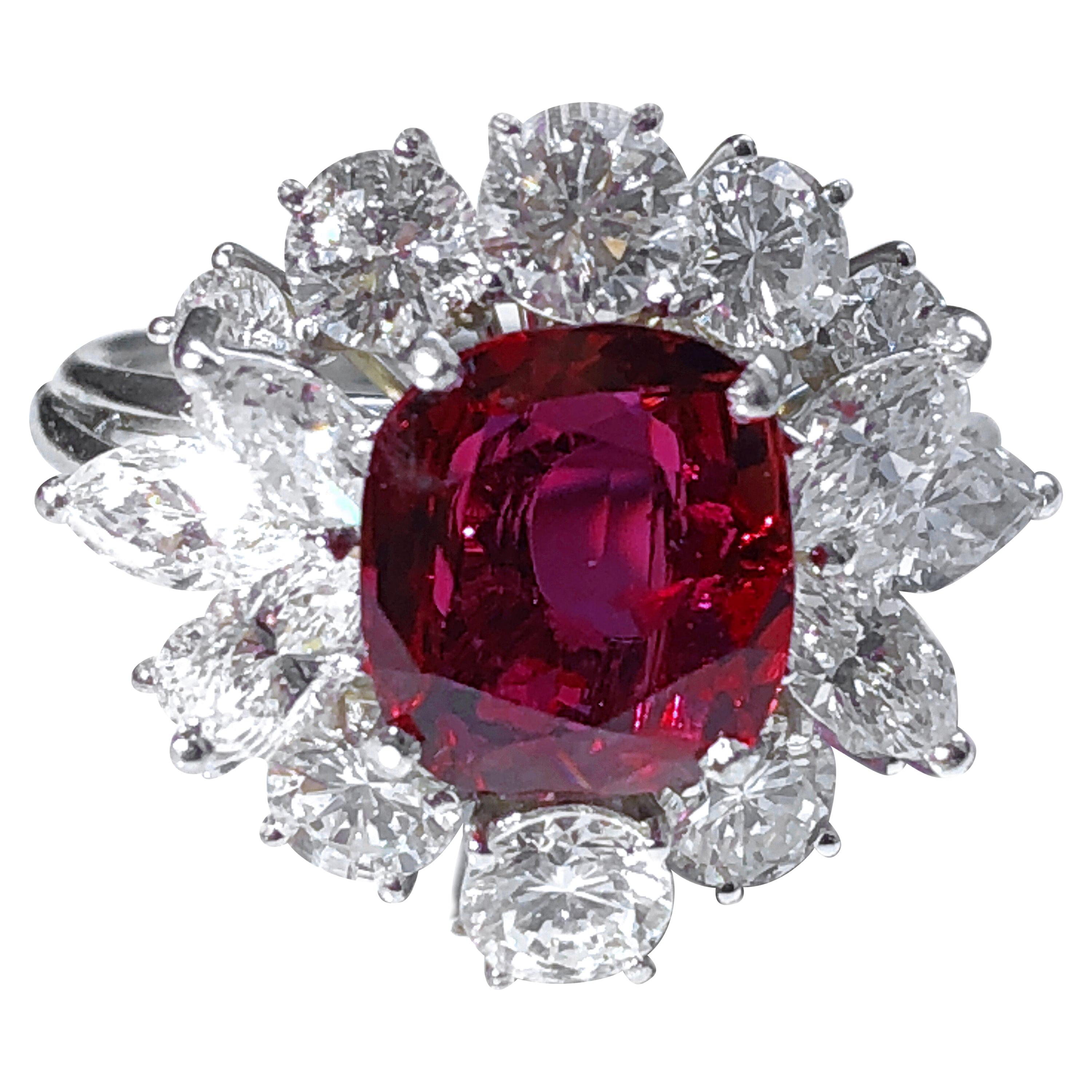 GIA Certified 2.23 Carat No Heat Cushion Cut Siam Red Ruby 1960s Ballerina Ring