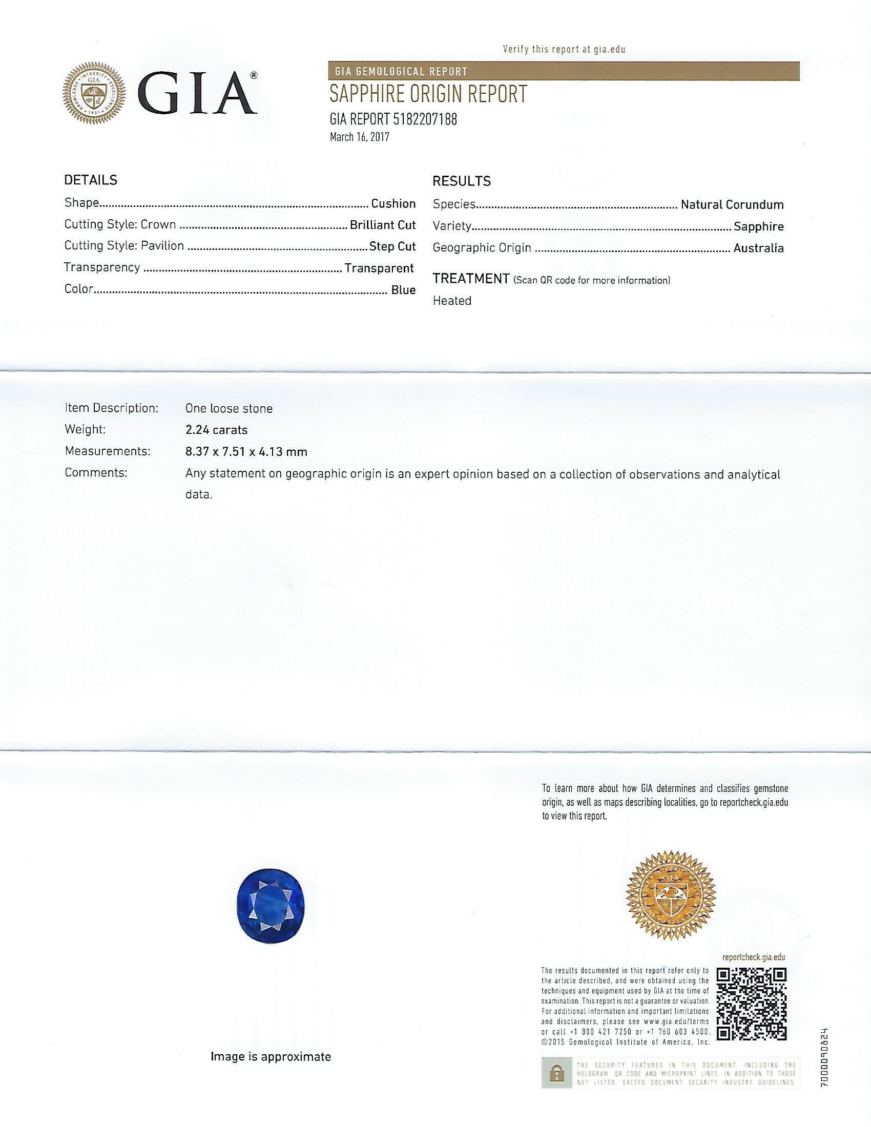 GIA-zertifizierter dreisteiniger Goldring mit 2,24 Karat blauem Saphir im Kissenschliff im Angebot 5