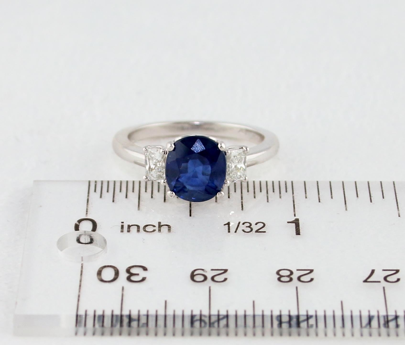 GIA Certified 2.24 Carat Cushion Blue Sapphire Diamond Three-Stone Gold Ring For Sale 3