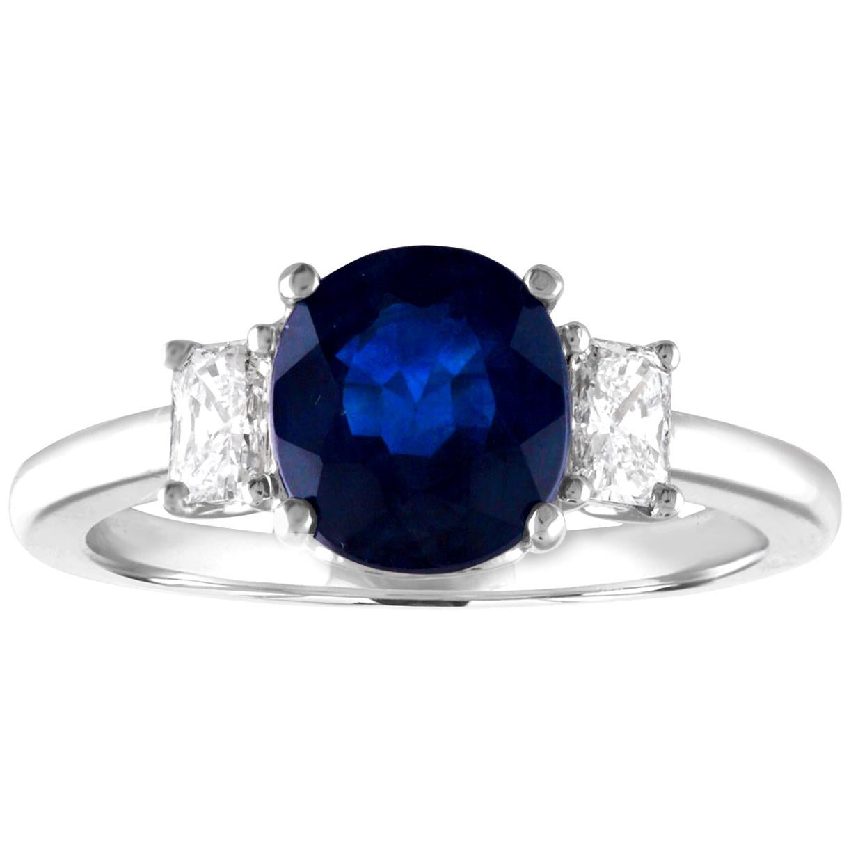 GIA Certified 2.24 Carat Cushion Blue Sapphire Diamond Three-Stone Gold Ring For Sale