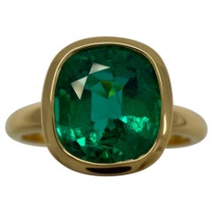 GIA Certified 2.24ct Green Emerald Cushion Cut 18k Gold Rubover Bezel Ring