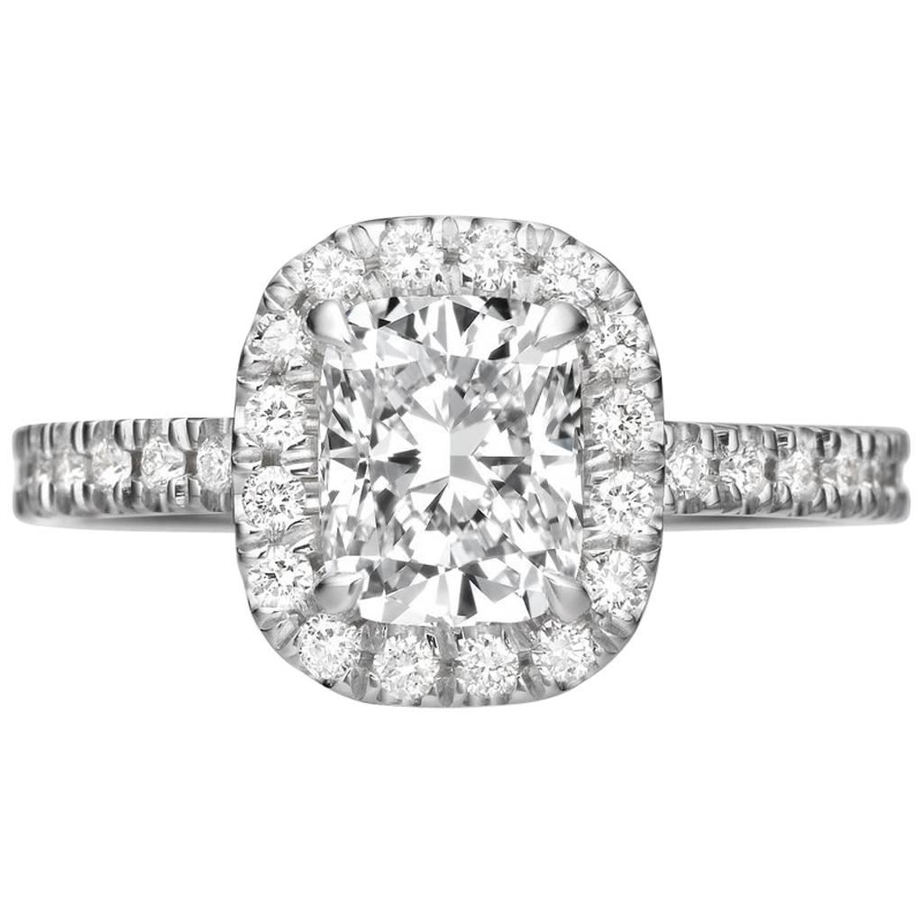 GIA Certified 2.25 Carat Cushion Cut Diamond Halo Engagement Ring For Sale