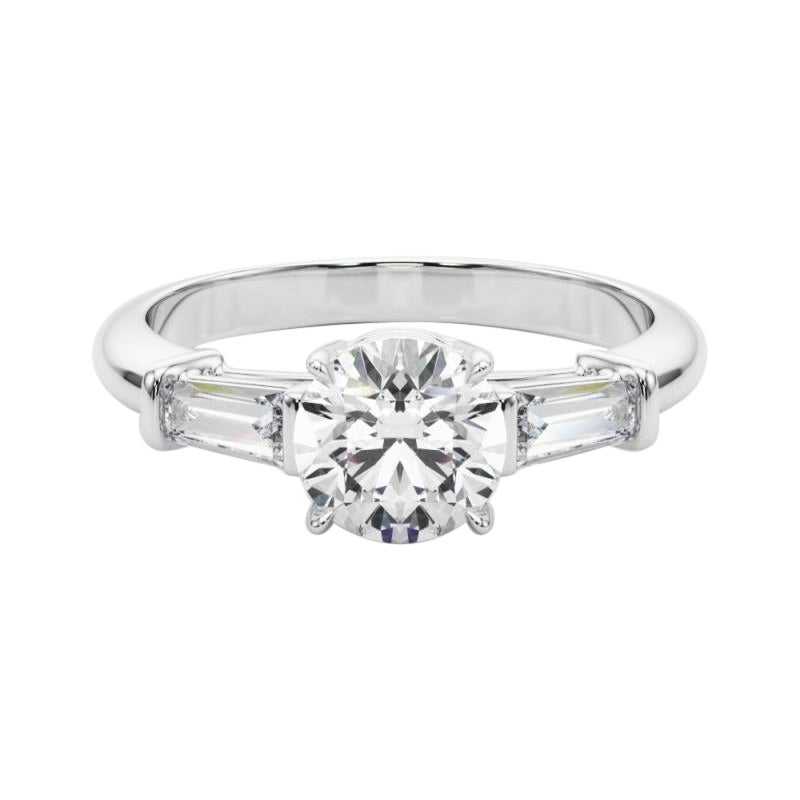GIA Certified 2.25 Carat Round & Baguette Classic 3-Stone Platinum Diamond Ring