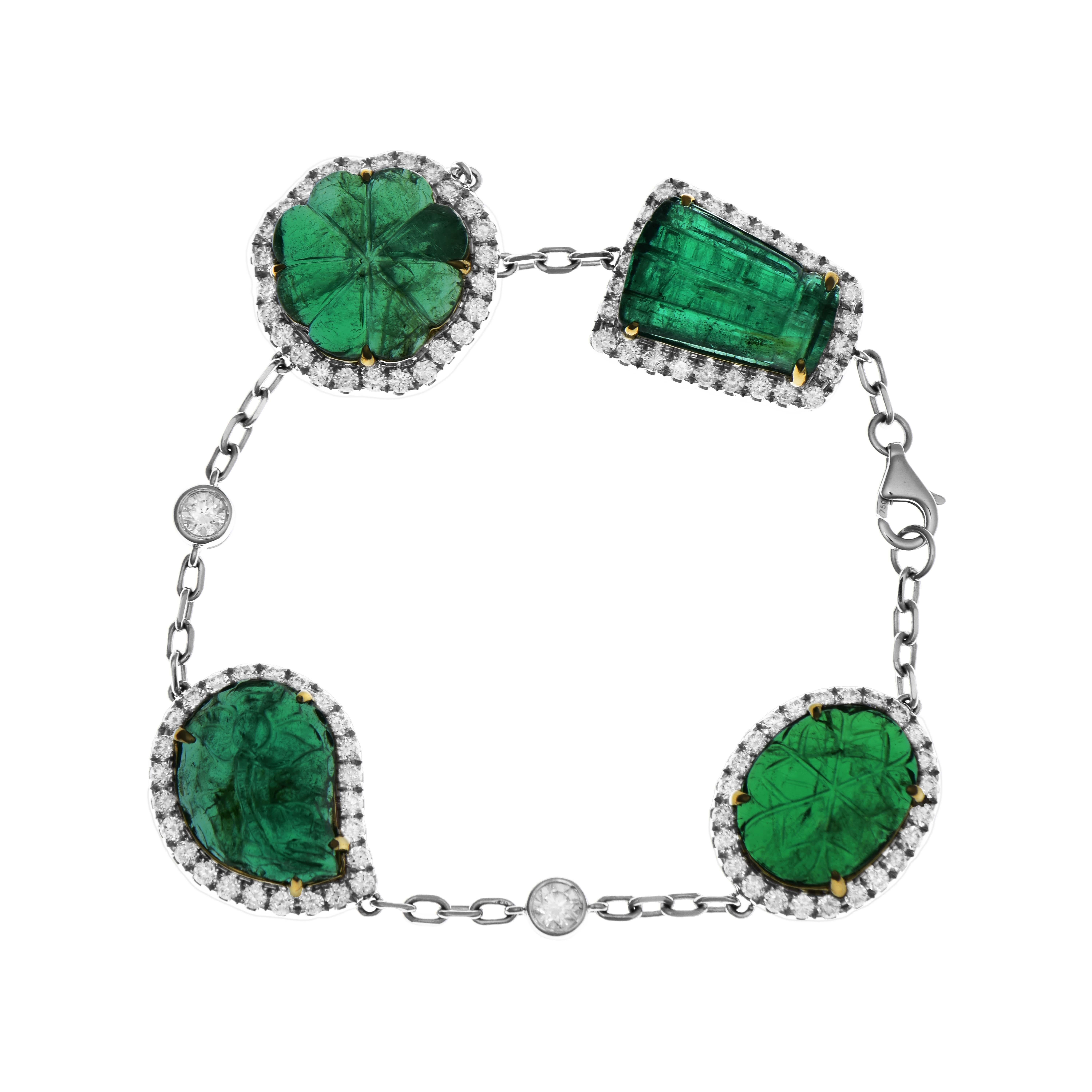 Mixed Cut GIA Certified 22.55 Carats Emerald and White Diamond White Gold Bracelet For Sale