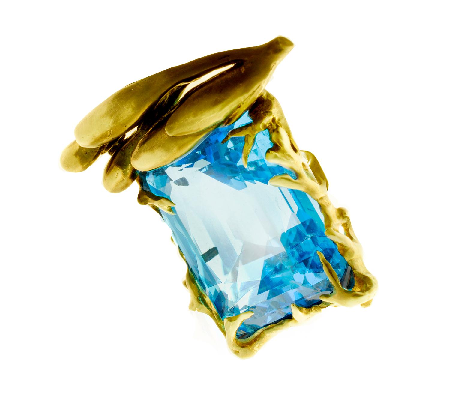 Artist  Eighteen Karat Yellow Gold Engagement Ring with Aquamarine For Sale
