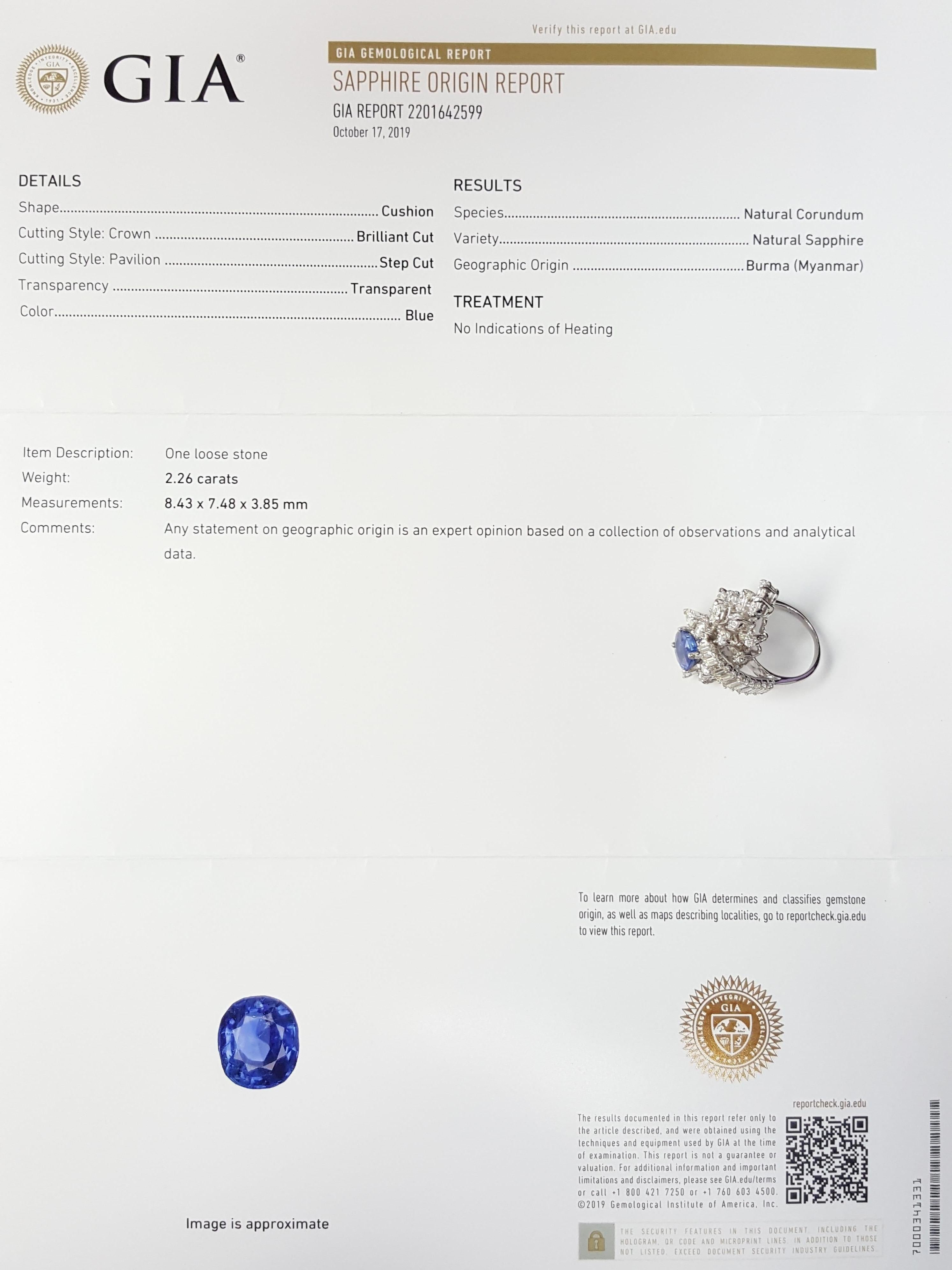Art Deco GIA Certified 2.26 Carat Burma Sapphire Diamond Platinum Cocktail Ring