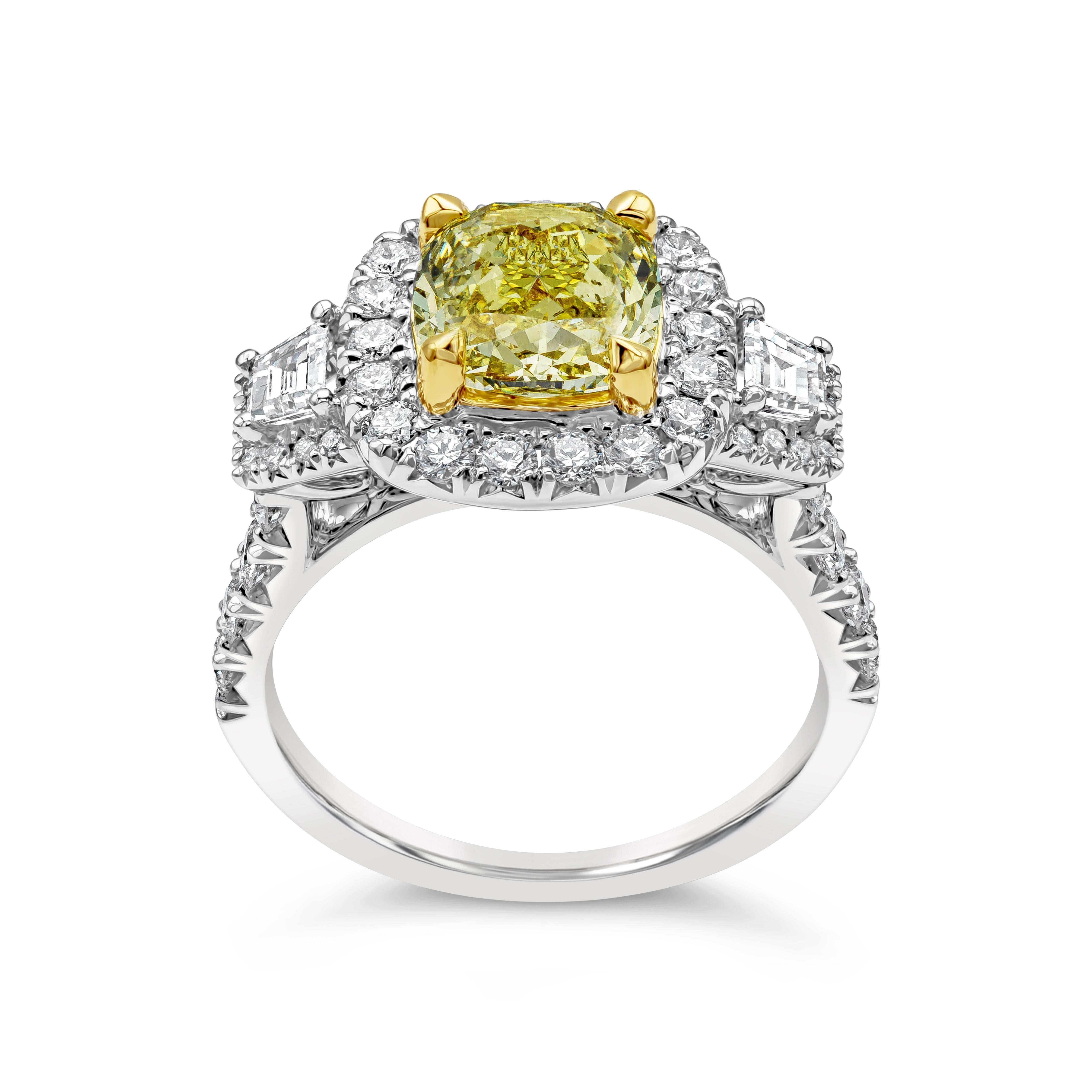 Contemporary GIA Certified 2.26 Carats Cushion Cut Fancy Yellow Diamond Halo Engagement Ring For Sale