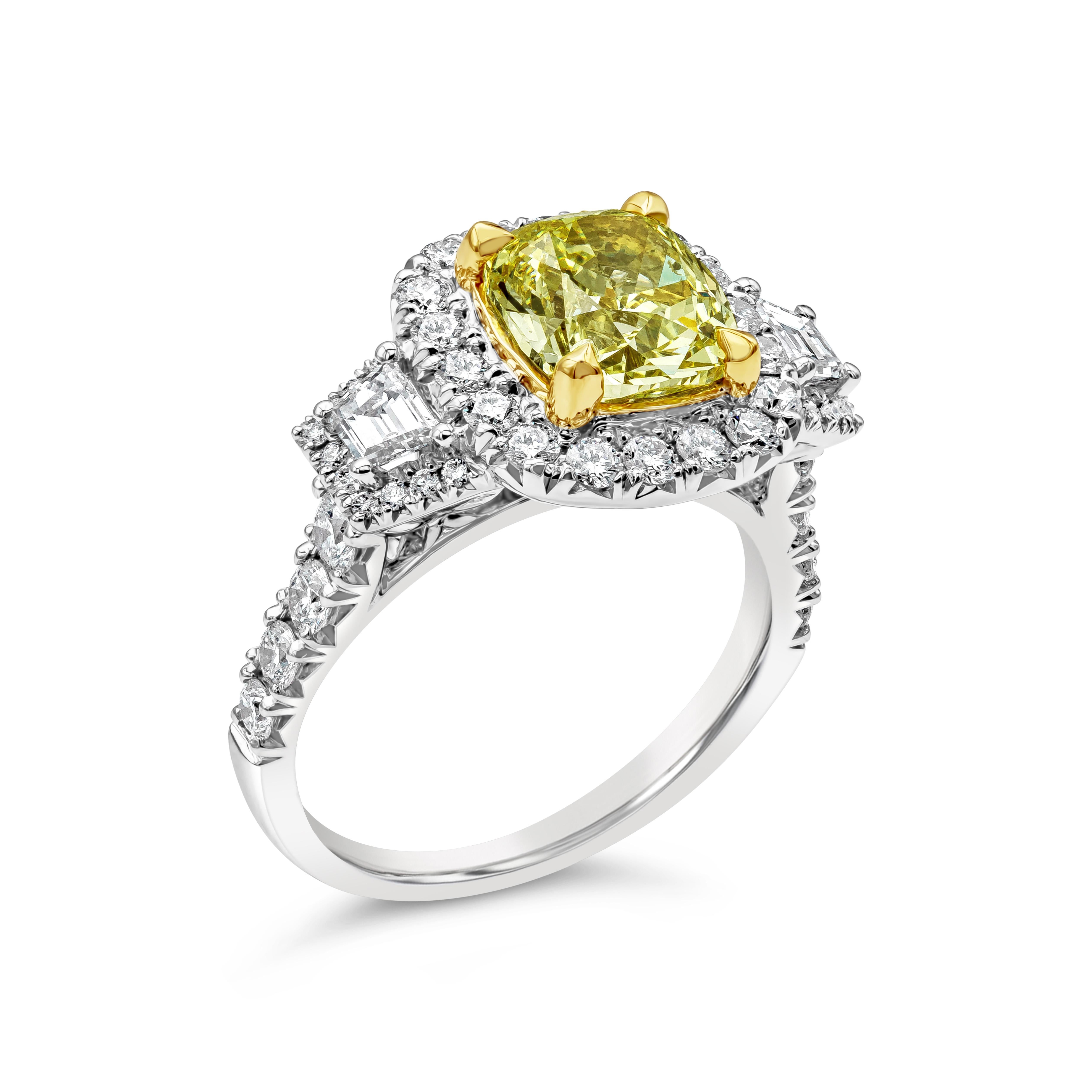 GIA Certified 2.26 Carats Cushion Cut Fancy Yellow Diamond Halo Engagement Ring In New Condition For Sale In New York, NY
