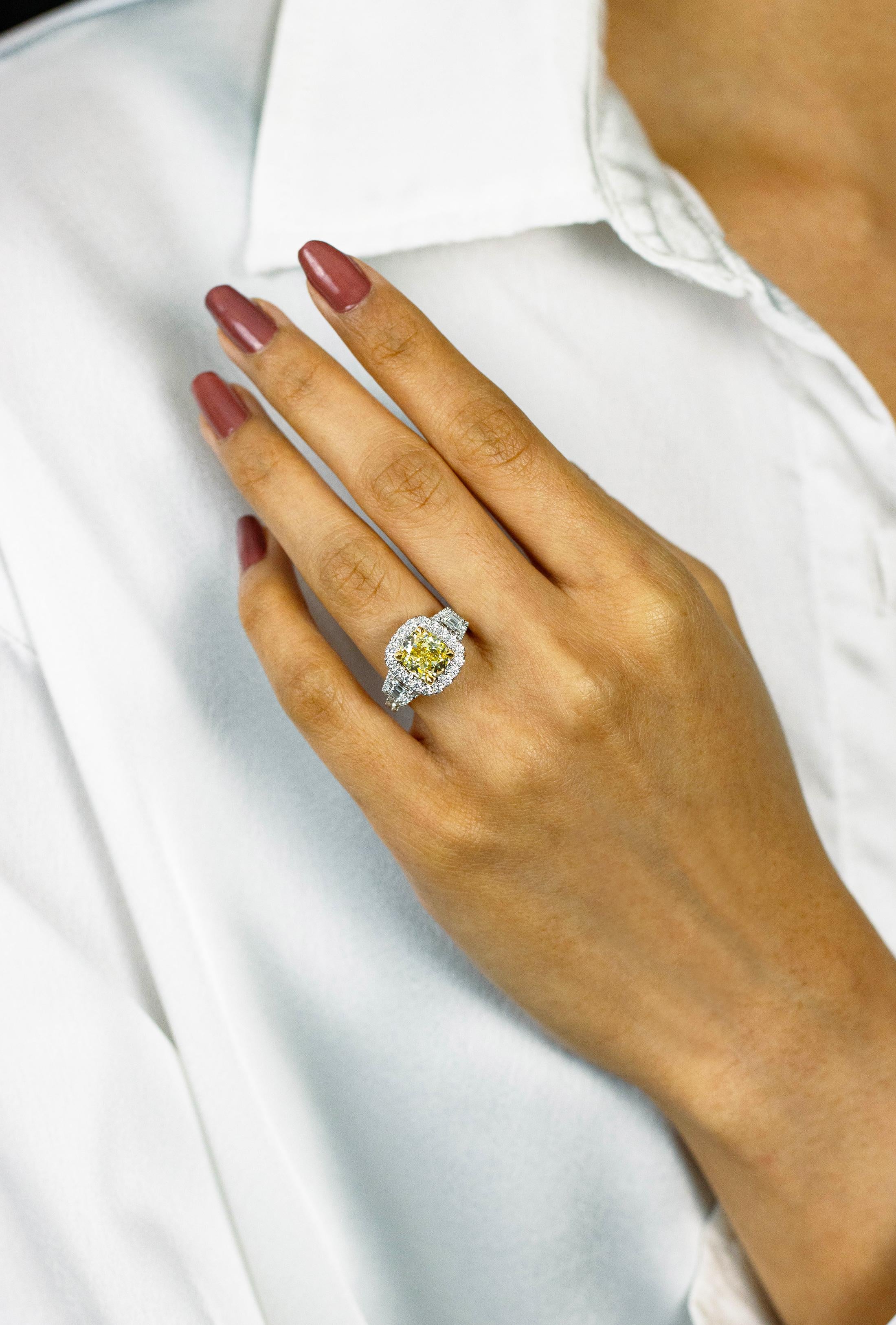 Women's GIA Certified 2.26 Carats Cushion Cut Fancy Yellow Diamond Halo Engagement Ring