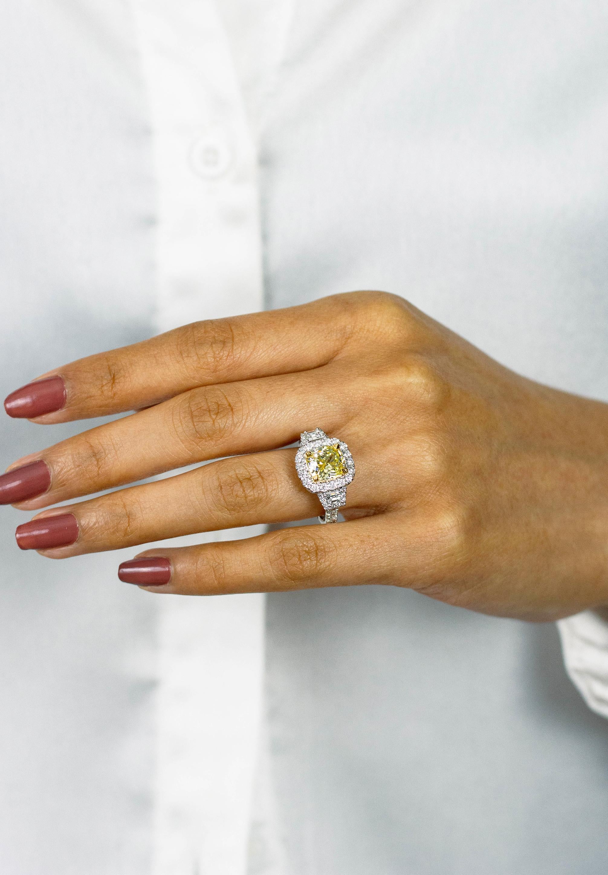 GIA Certified 2.26 Carats Cushion Cut Fancy Yellow Diamond Halo Engagement Ring 2