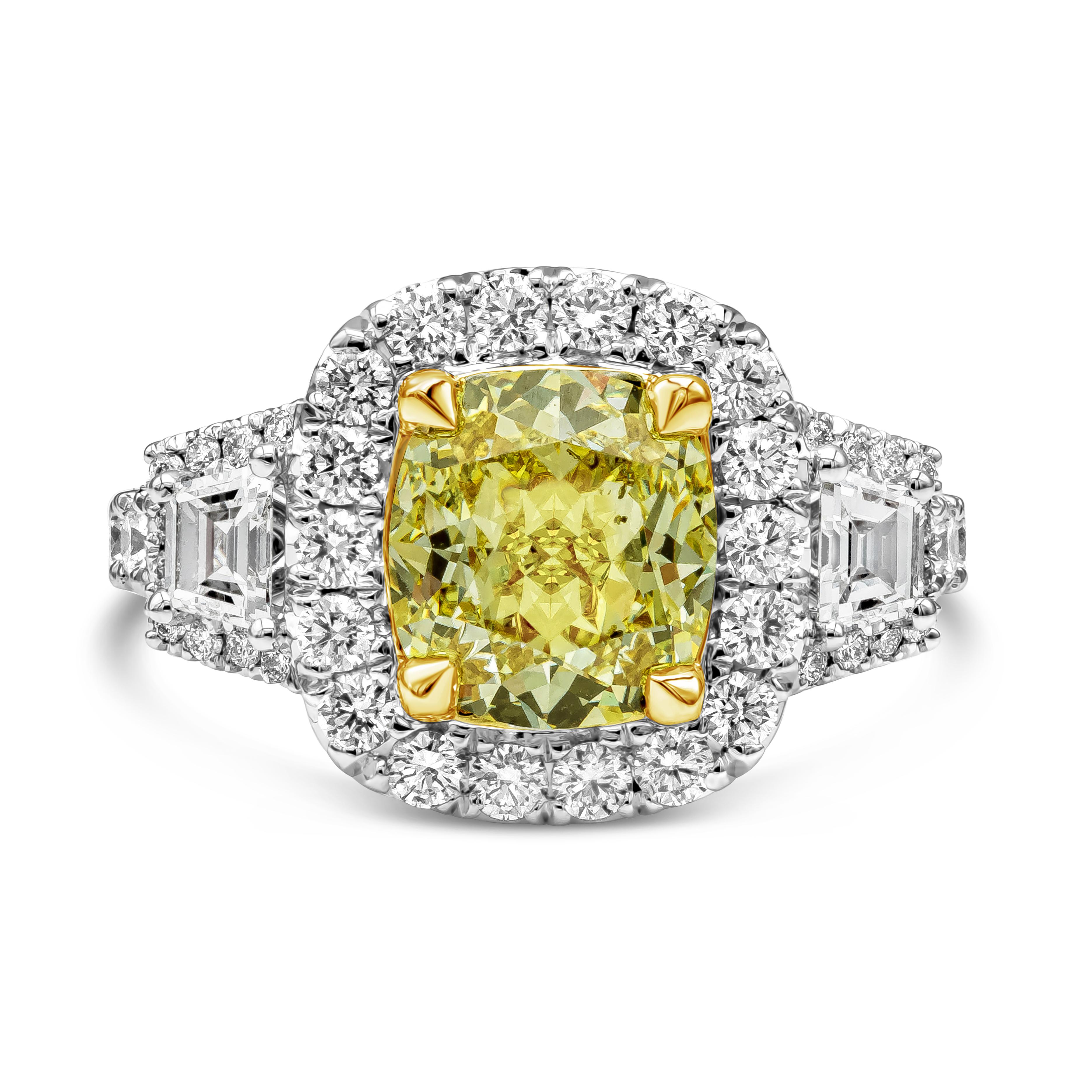 GIA Certified 2.26 Carats Cushion Cut Fancy Yellow Diamond Halo Engagement Ring For Sale