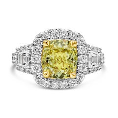 GIA Certified 2.26 Carat Cushion Cut Fancy Yellow Diamond Halo Engagement Ring