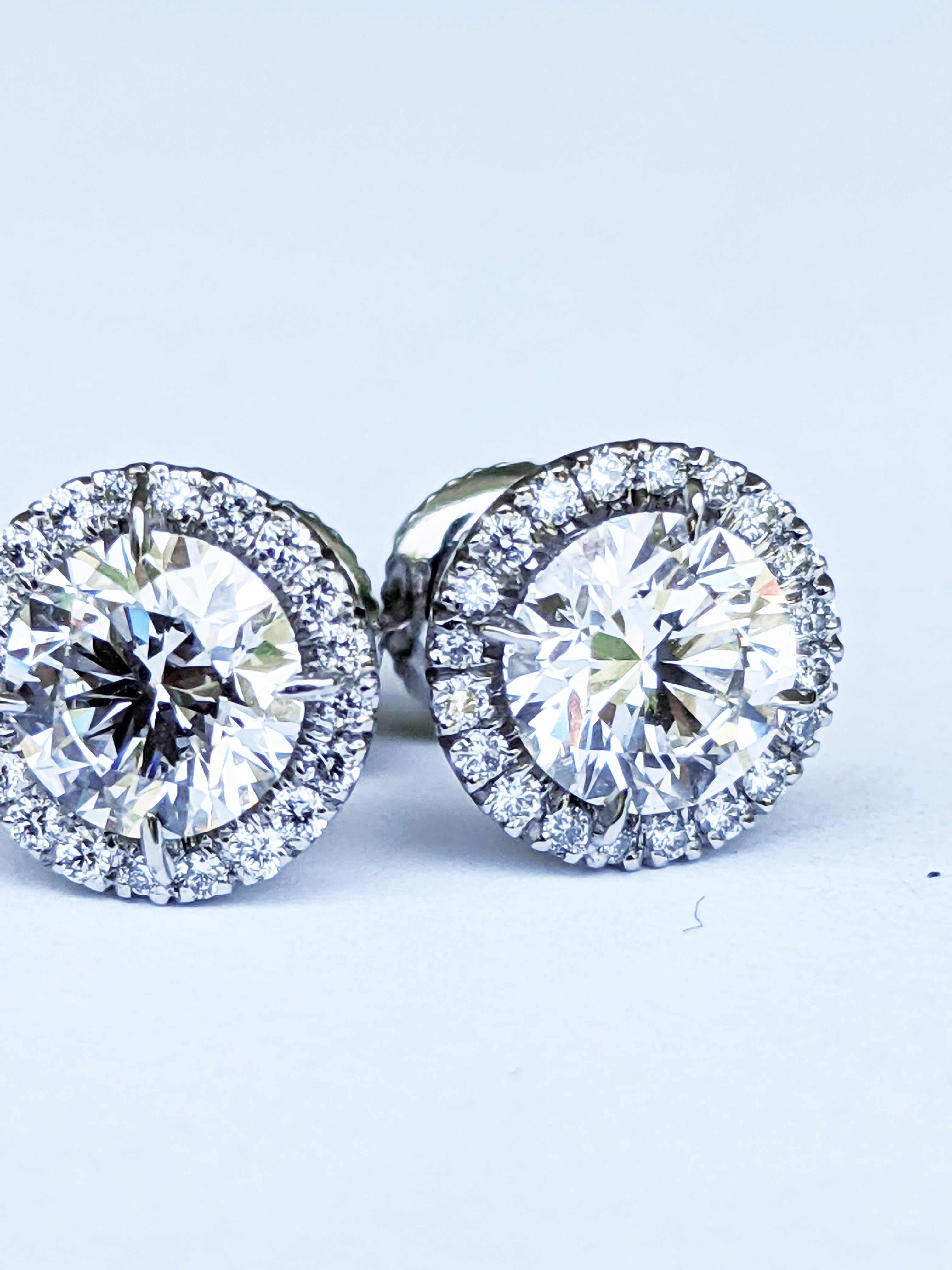 GIA Certified 2.4 Carat Diamonds Platinum Halo Stud Earrings Screw Back Post For Sale 3