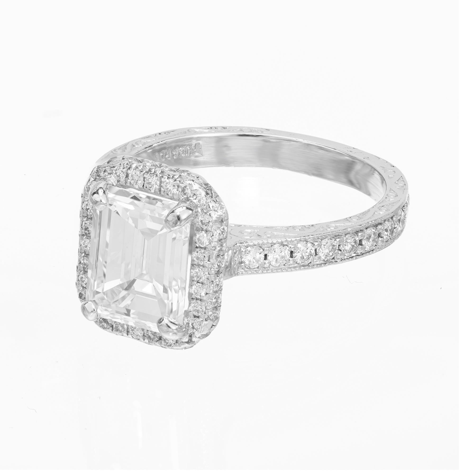 Emerald Cut GIA Certified 2.27 Carat Diamond Platinum Halo Engagement Ring For Sale