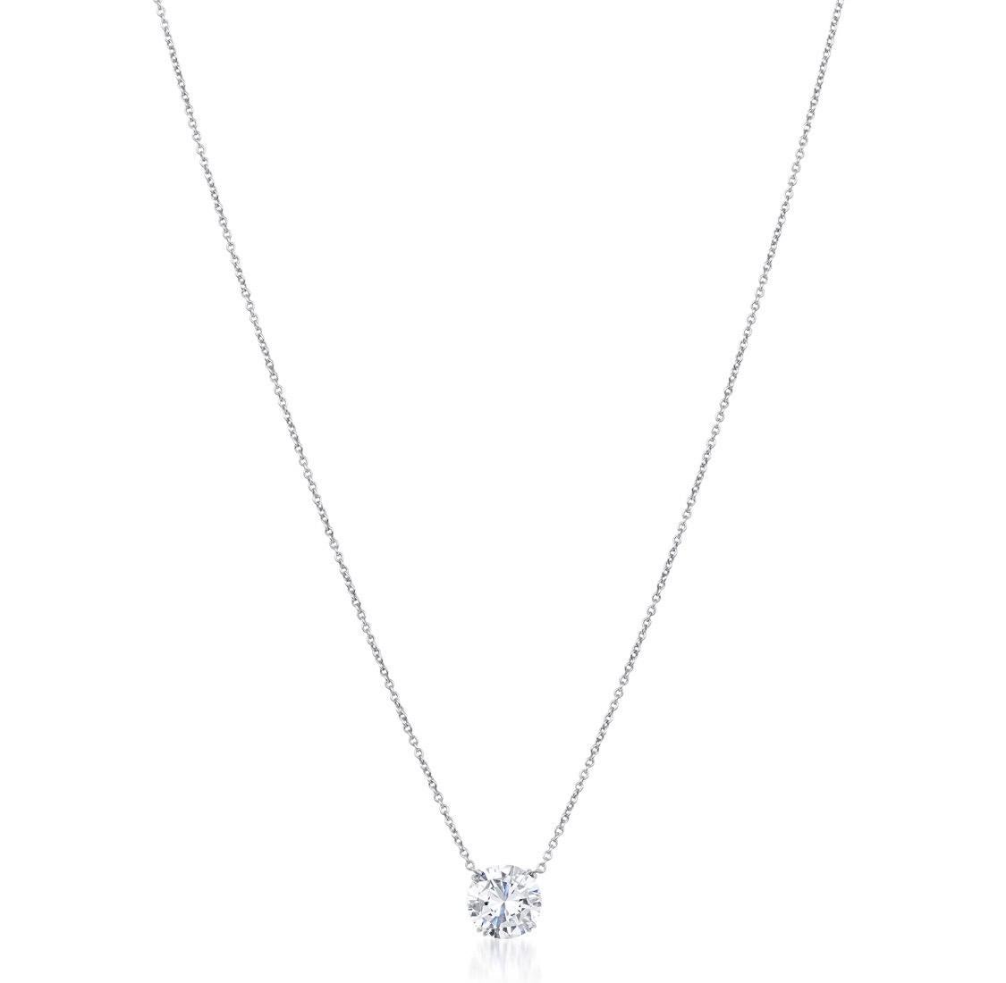 Exquisite round cut diamond pendant necklace.
This dazzling diamond weighing 2.27 carat is graded by the GIA E in color I1 clarity. This diamond Is special and unique for being perfectly cut with an exceptional flow of translucency throughout the