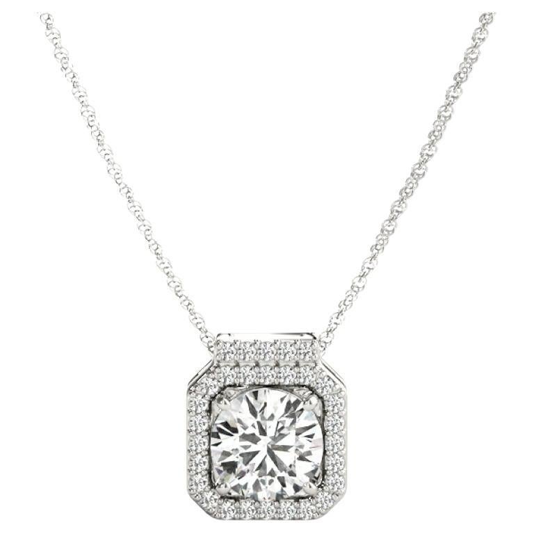 GIA Certified 2.27ct Round Diamond Octagon Halo White Gold Pendant Necklace