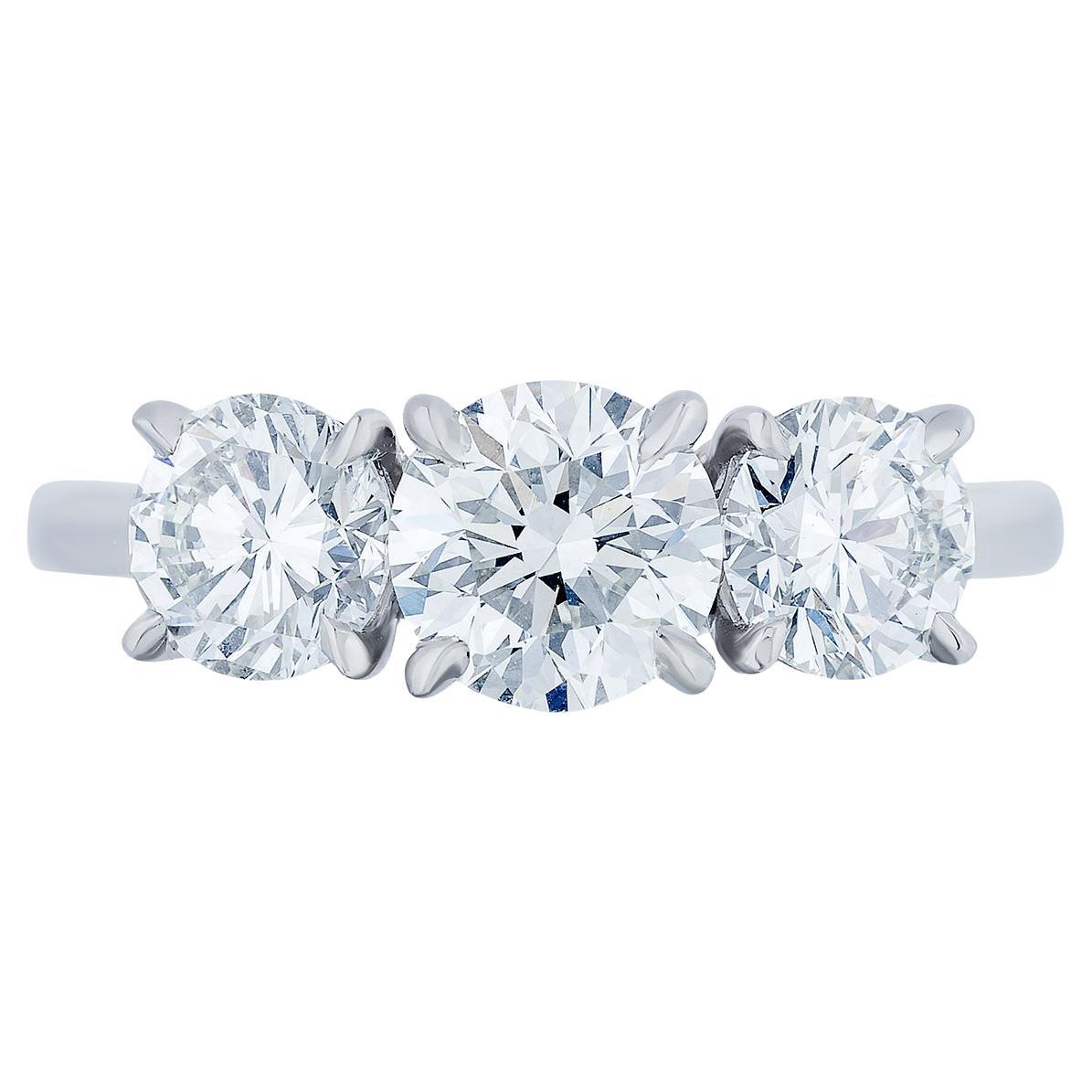 GIA Certified 2.28 Carat Three Stone Round Diamond Platinum Engagement Ring For Sale