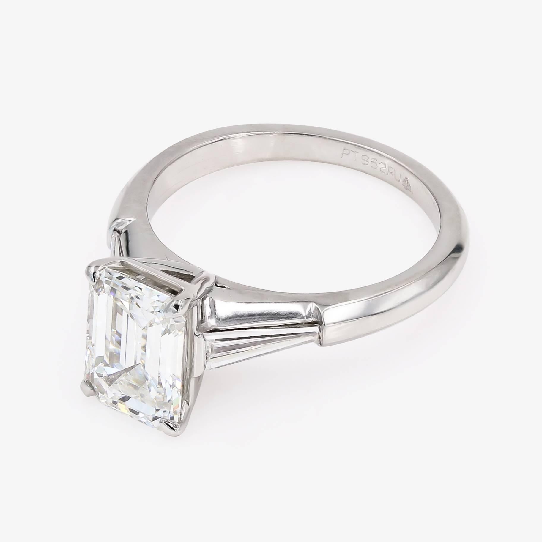 Contemporary GIA Certified 2.29 Carat Emerald Cut and Baguette Diamond Ring in Platinum