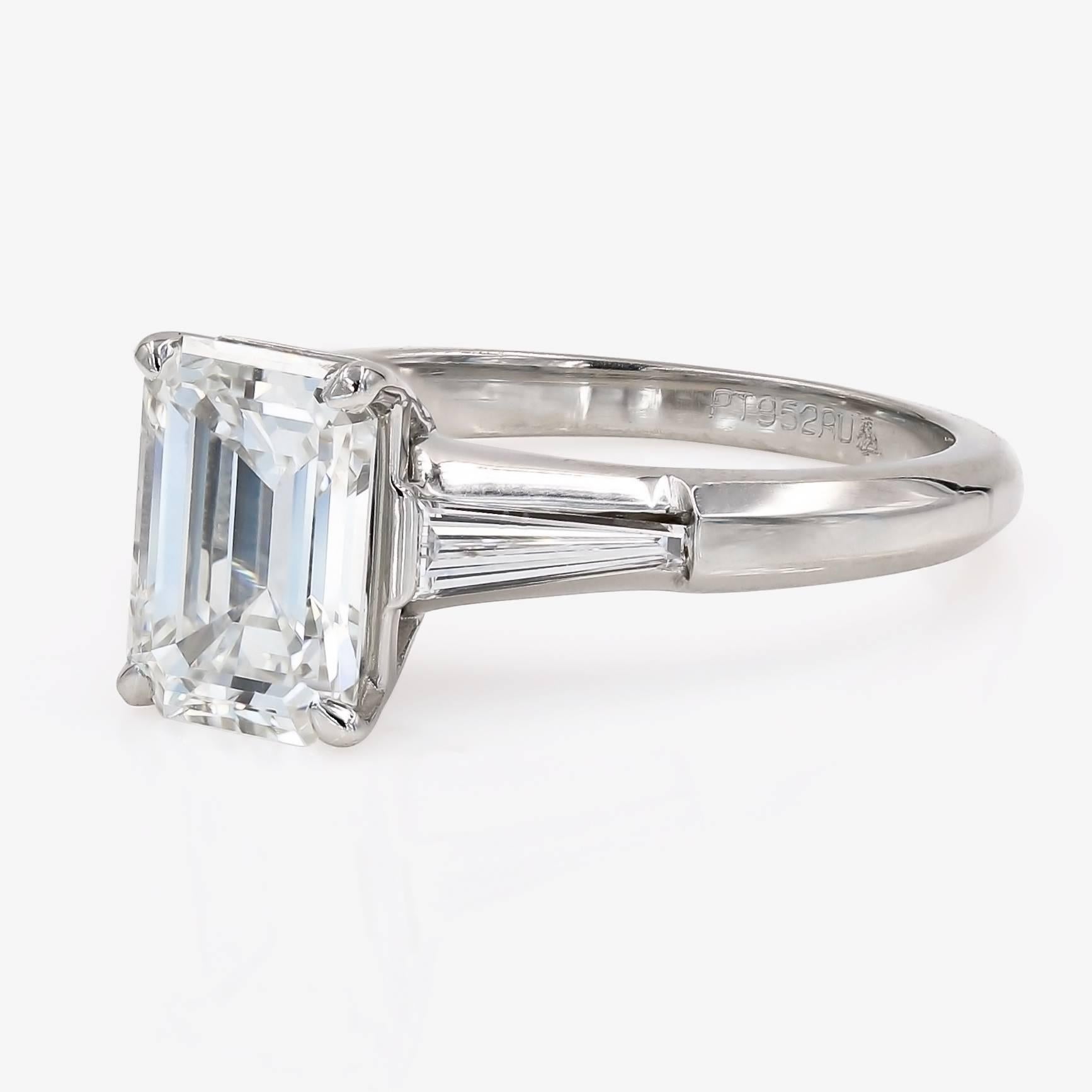GIA Certified 2.29 Carat Emerald Cut and Baguette Diamond Ring in Platinum In New Condition In Chicago, IL