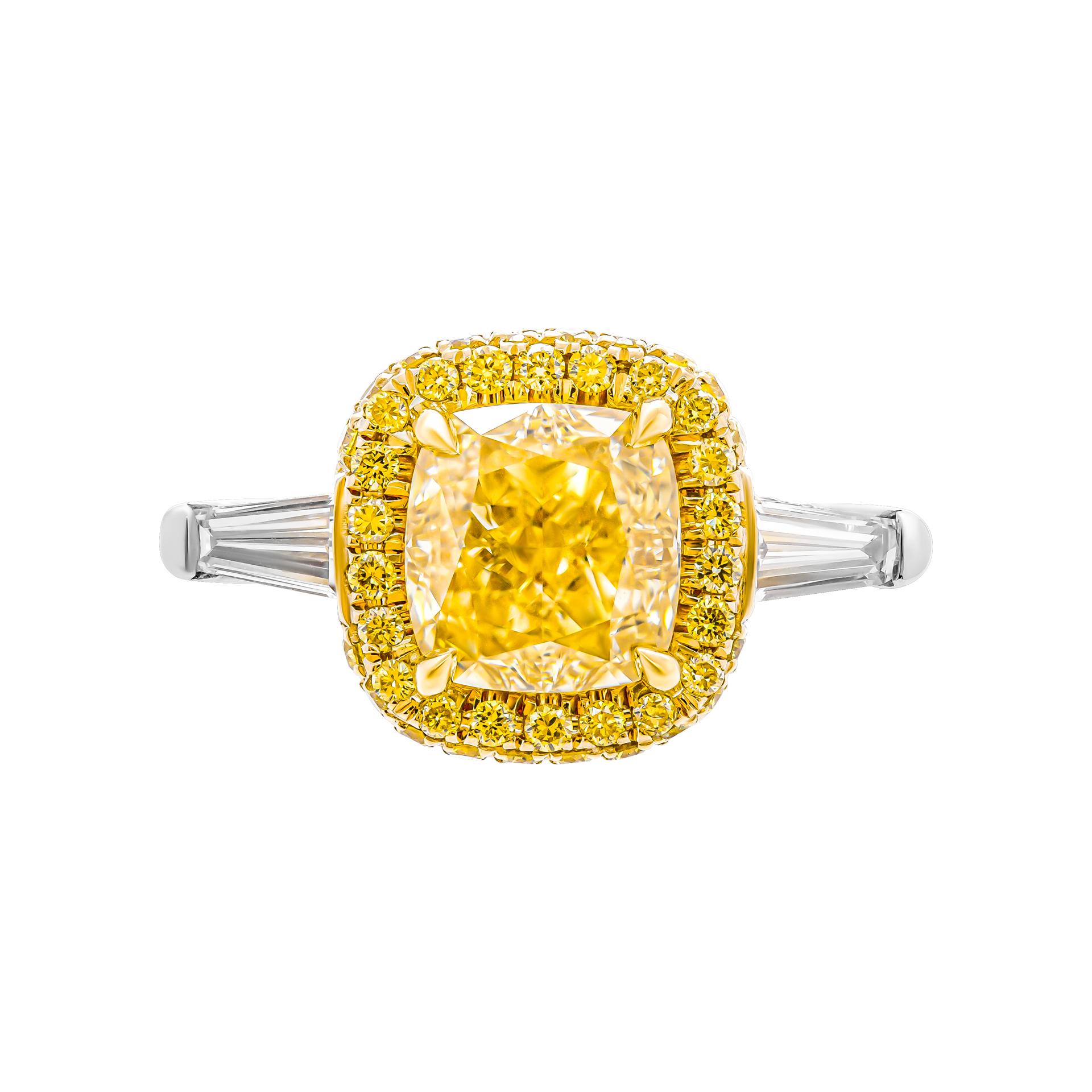 3 stone ring in 18K Yellow Gold & PT950 
Center stone: 2.29ct Natural Fancy Yellow Even VVS2 Cushion Shape Diamond GIA#5222222141 Side stones: 0.36ct G VS tapered baguettes
Total Carat Weight pave Yellow: 0.28ct 
Total Carat Weight pave  pave White: