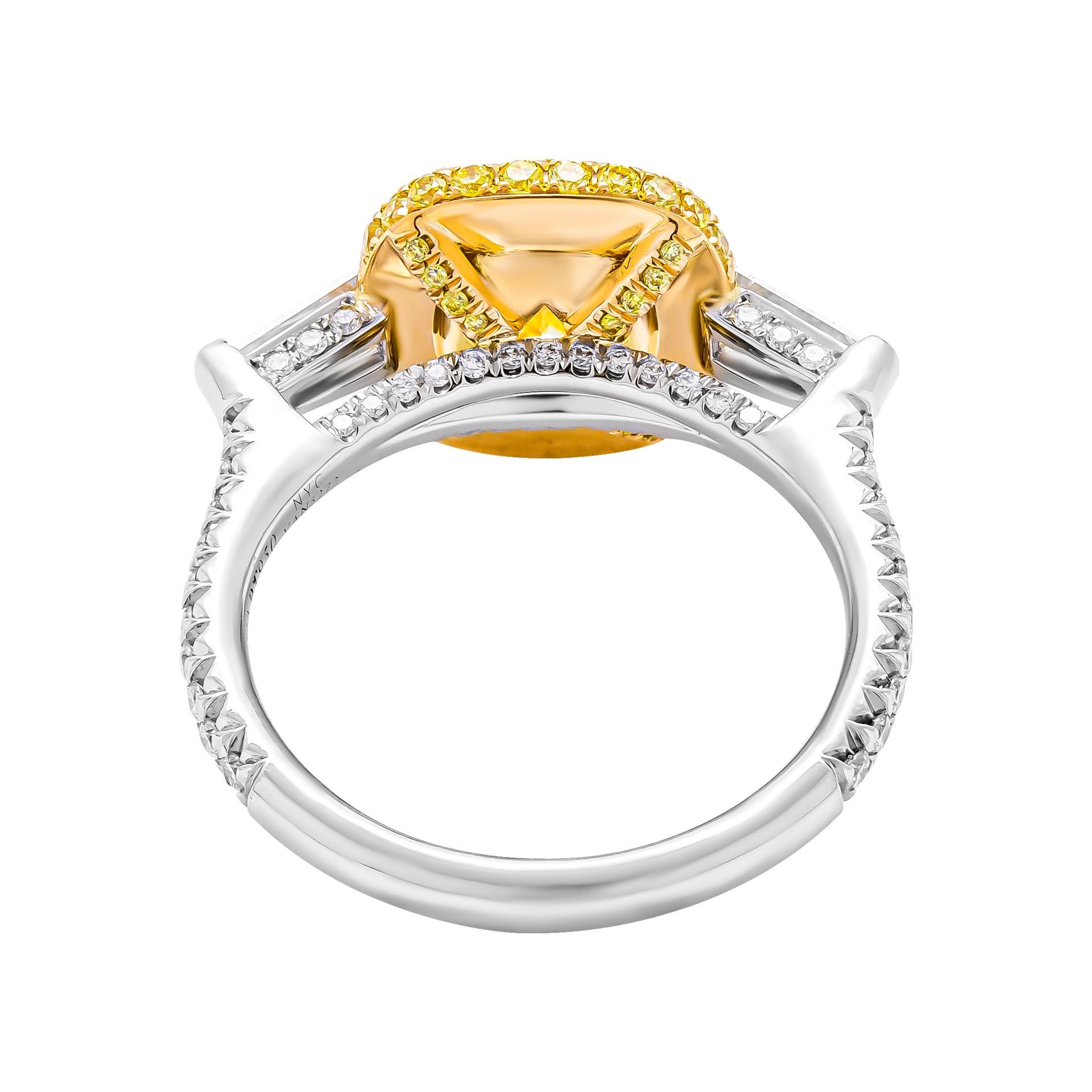 Modern GIA Certified 2.29ct Natural Fancy Yellow Even VVS2 Cushion Cut Three-Stone Ring For Sale