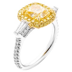 GIA Certified 2.29ct Natural Fancy Yellow Even VVS2 Cushion Cut Three-Stone Ring