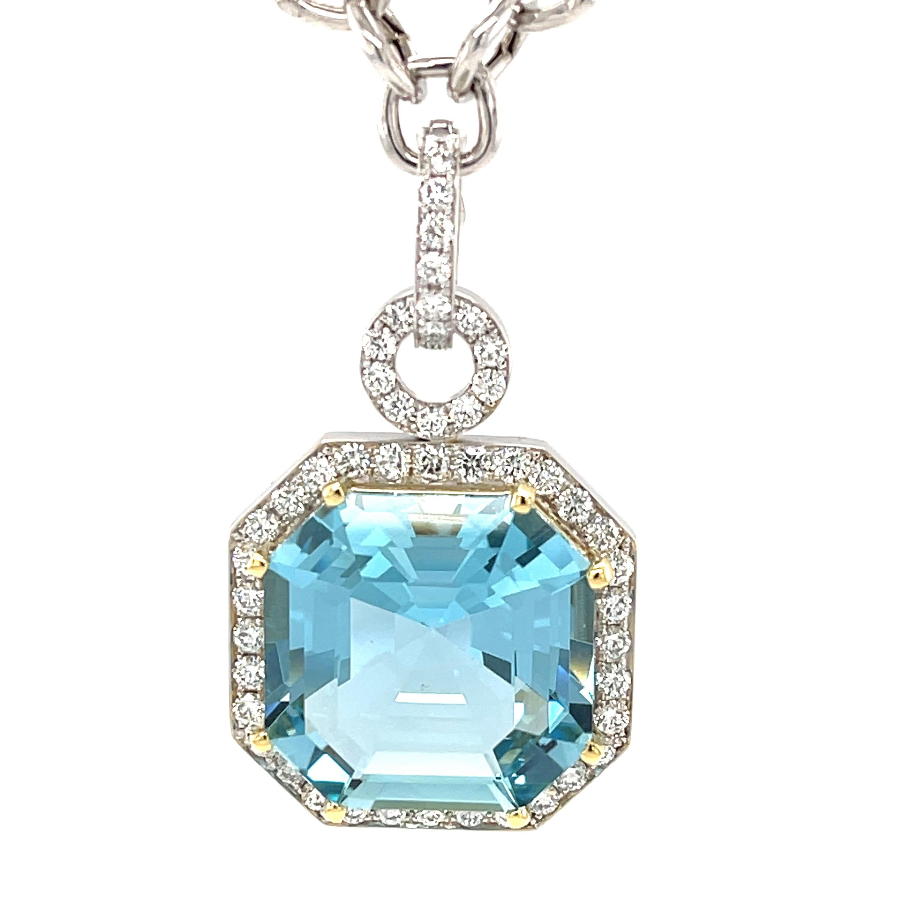 Artisan GIA Certified 23 Carat Aquamarine and Diamond Necklace in White and Yellow Gold For Sale